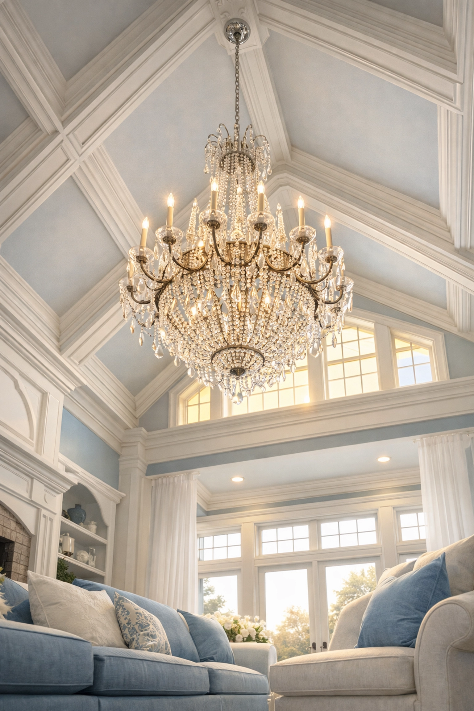 Luxury house cleaning in Sherborn featuring a spotless living room with vaulted ceilings.