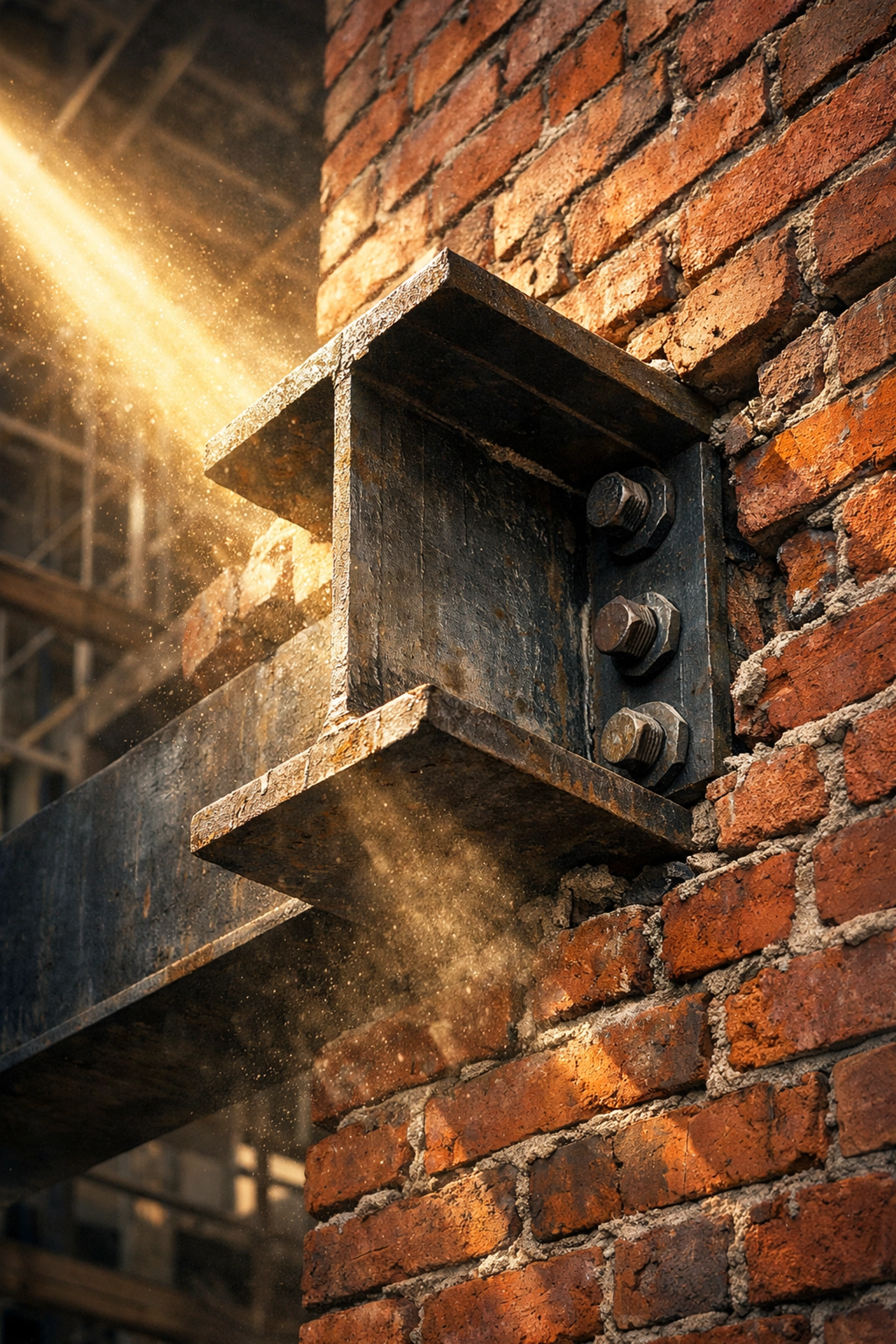 Structural steel RSJ beam being installed into brickwork during a home extension construction.