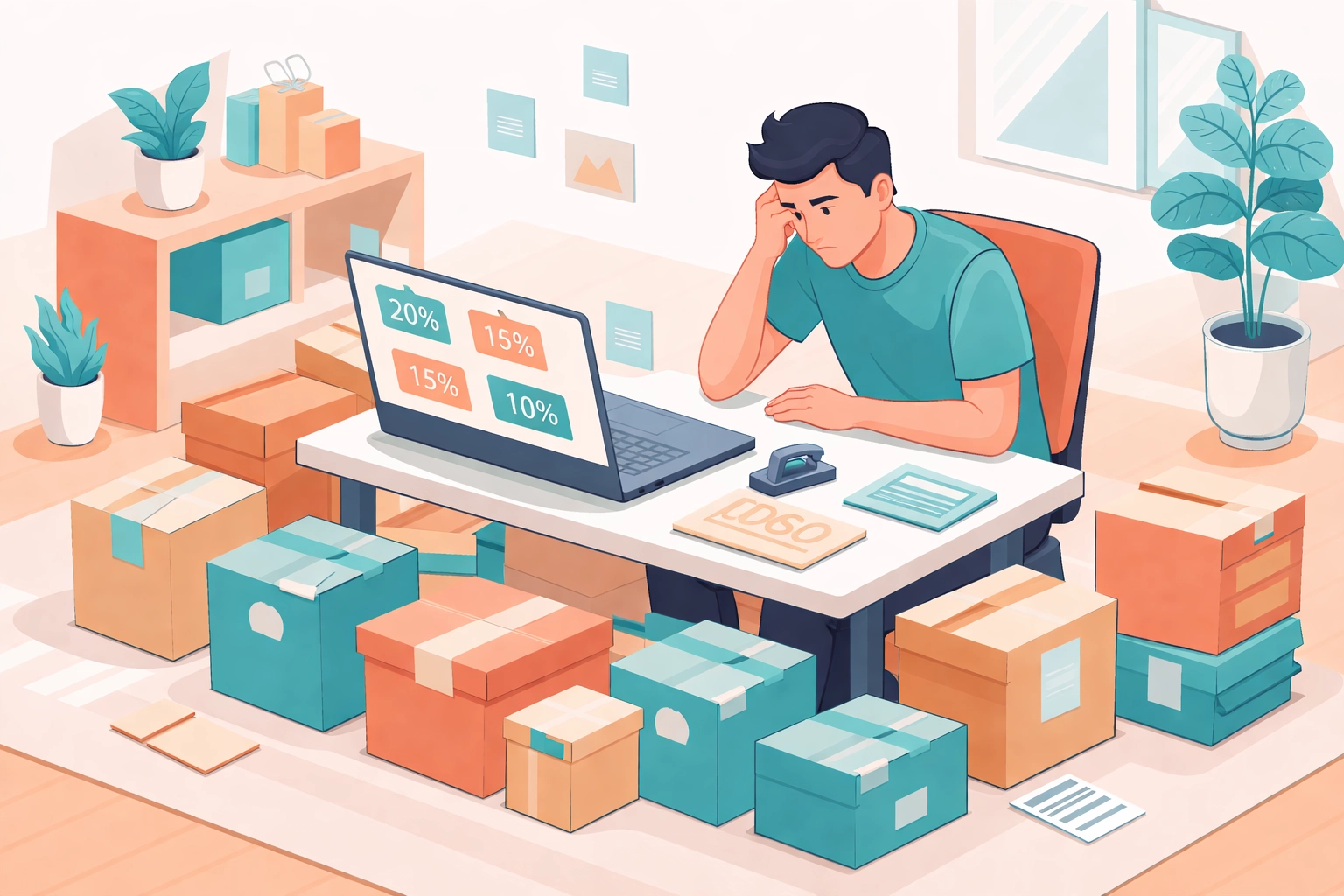 Person frustrated at a desk surrounded by product boxes, highlighting common affiliate marketing mistakes with choosing poor products