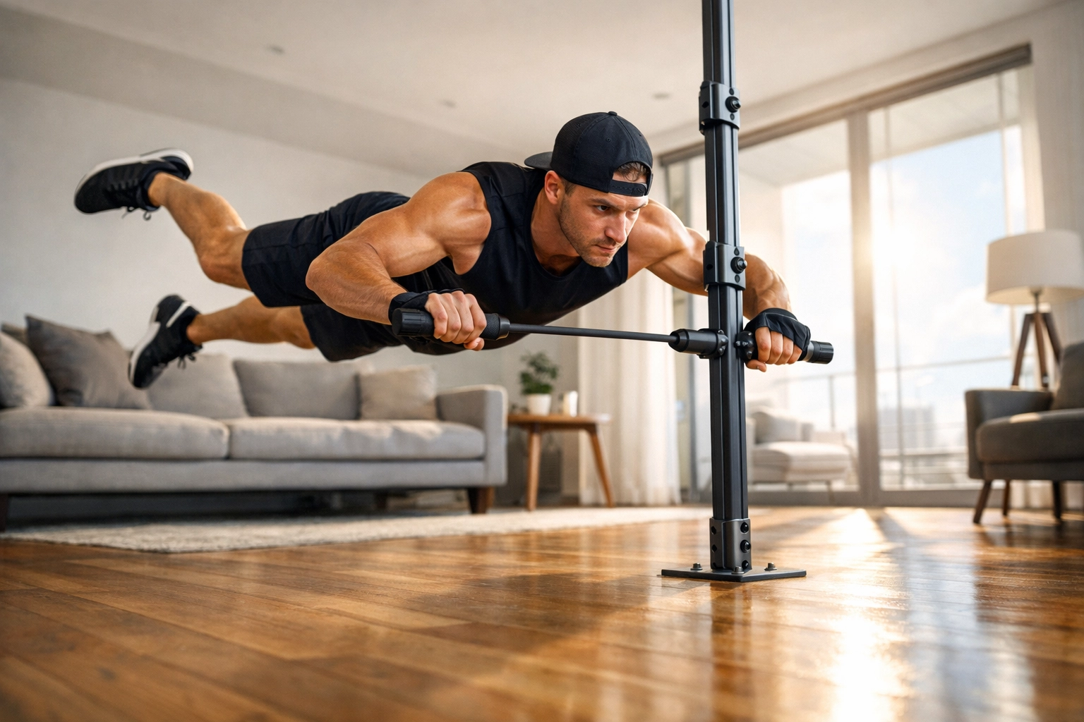 Athlete performing a Spiderman push-up using a floor to ceiling gym for a full body workout at home.