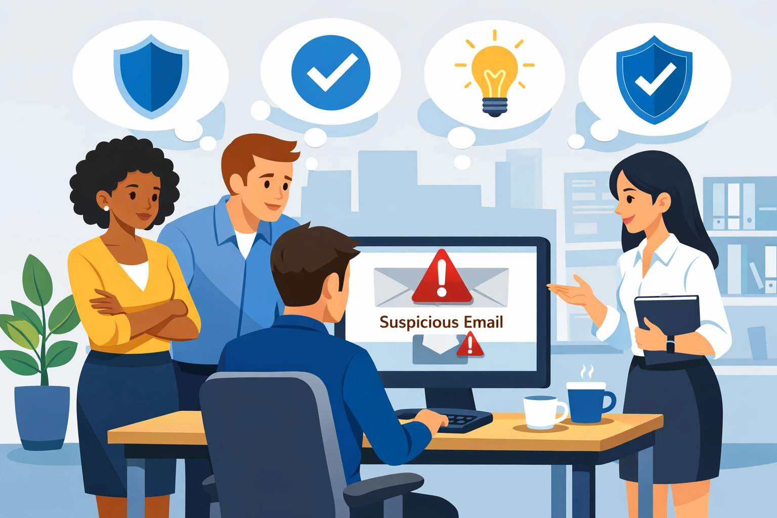 Office employees receiving cybersecurity training to identify phishing emails and threats