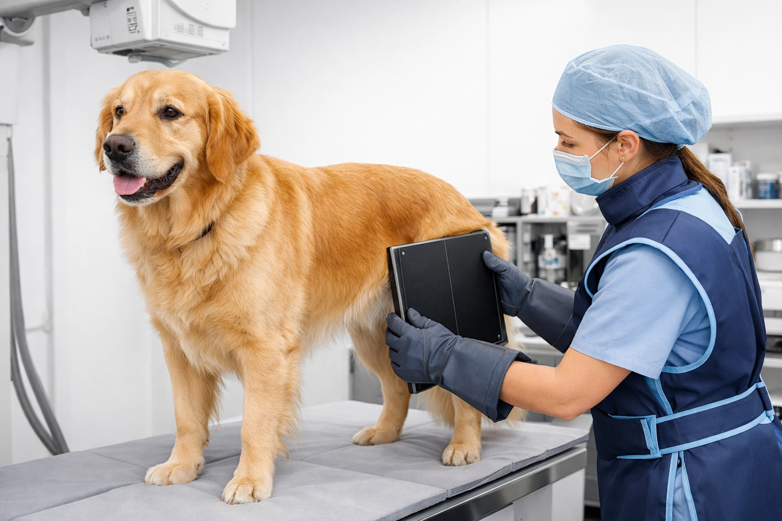 Golden Retriever undergoing OFA hip screening for health testing