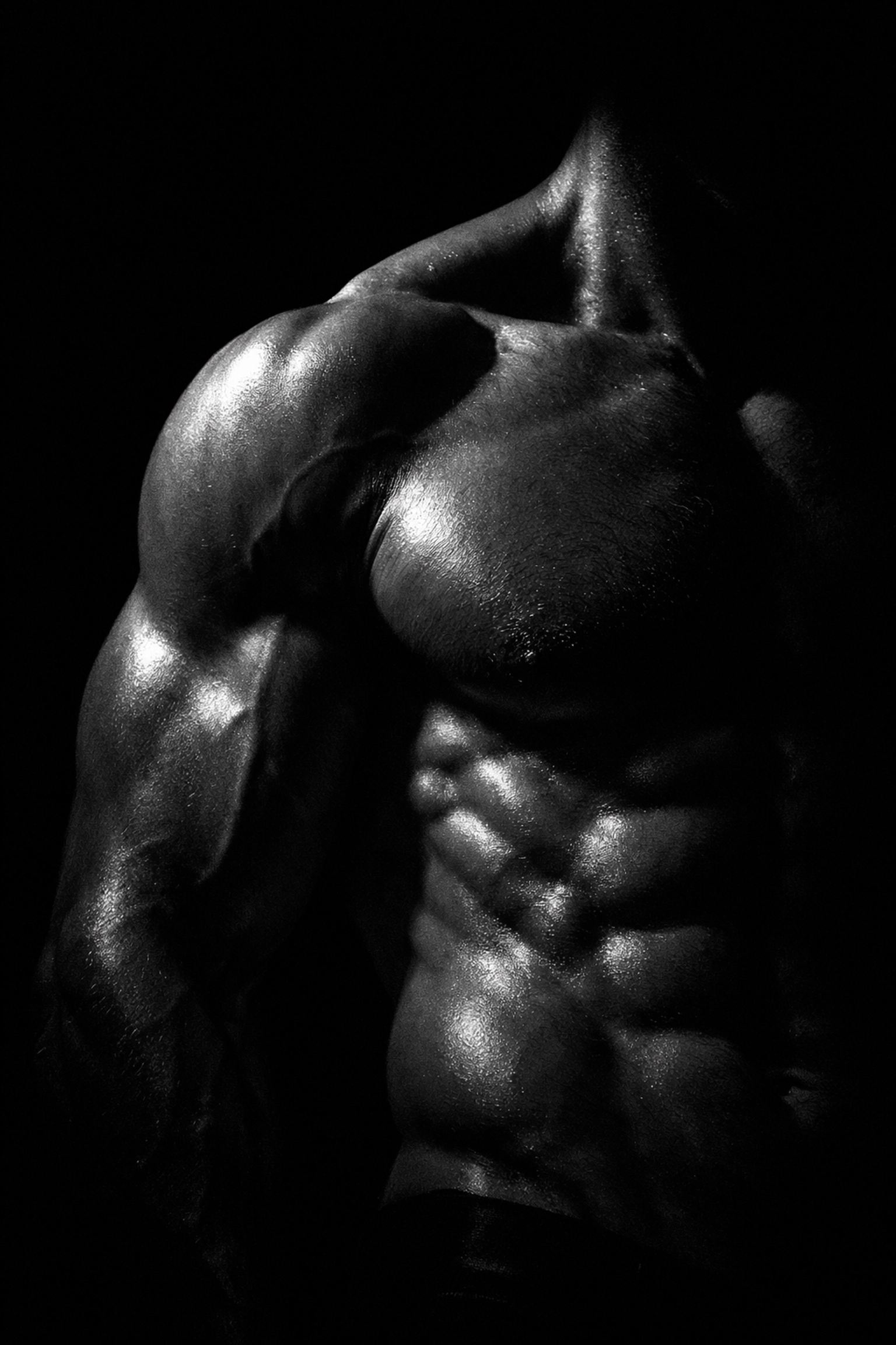 Dramatic low-key lighting highlighting a muscular male physique in gay fine art photography.