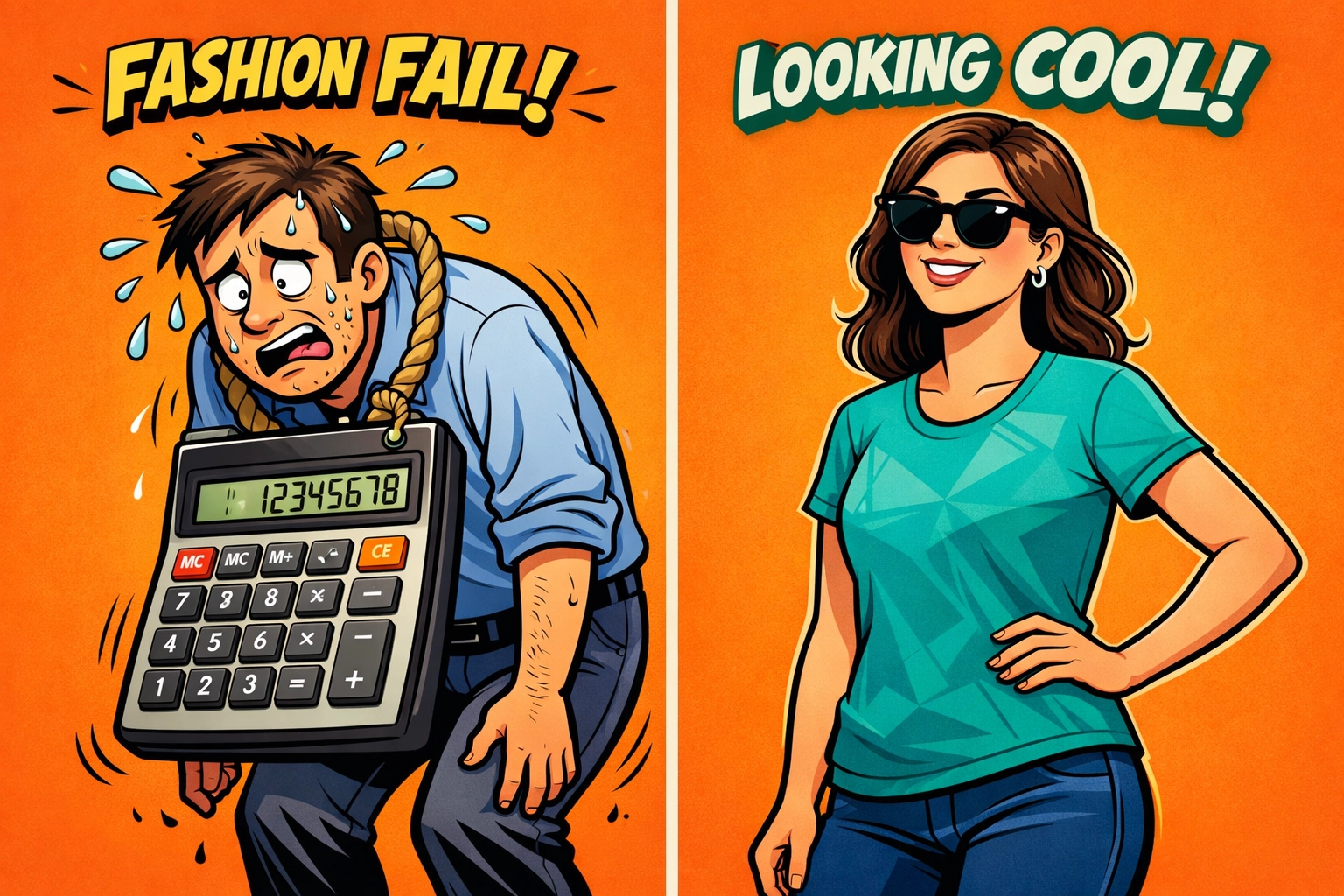 A funny comparison between an awkward calculator necklace and a stylish math-themed Pi Day t-shirt.