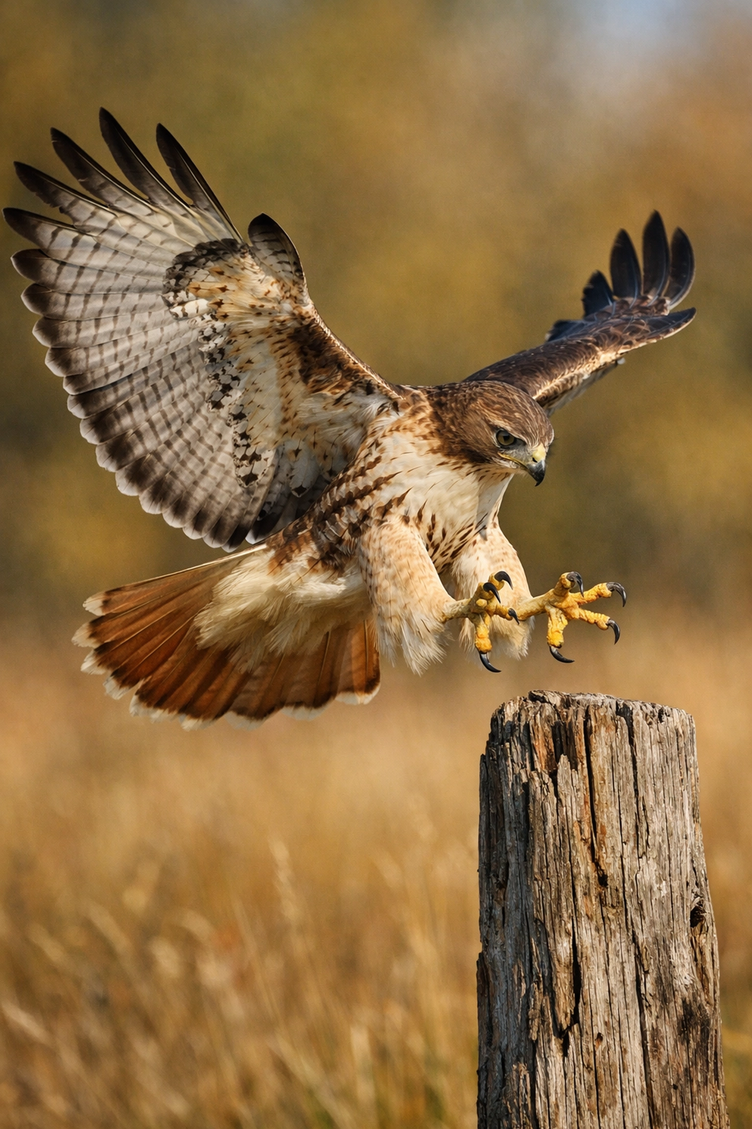 Action shot of a Red-tailed Hawk with wings spread and talons extended in a golden meadow.