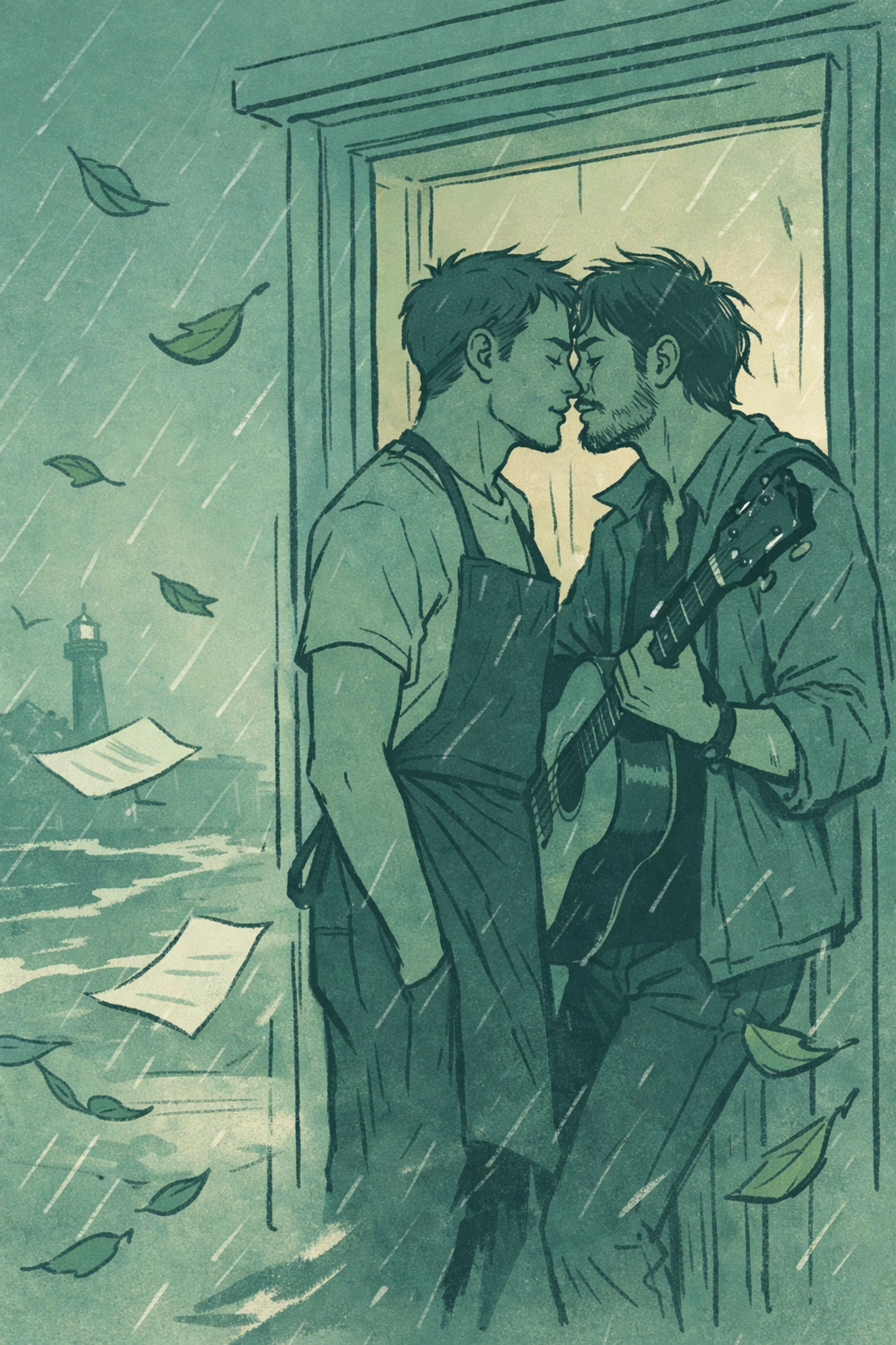 Two men first kiss sheltering from Wellington storm - gay romance New Zealand intimate moment