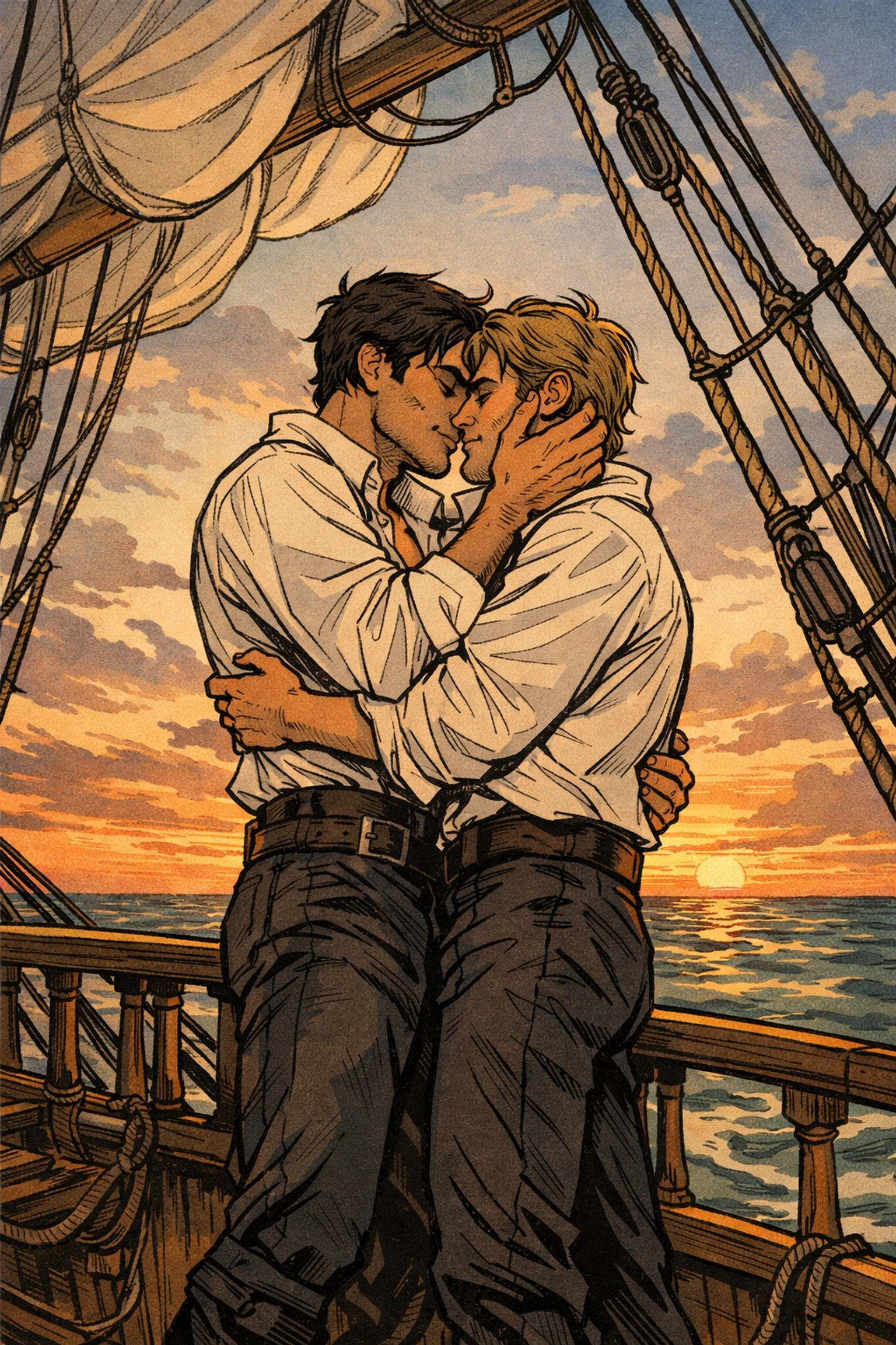 Two naval officers embrace on sailing ship deck at sunset - gay romance at sea