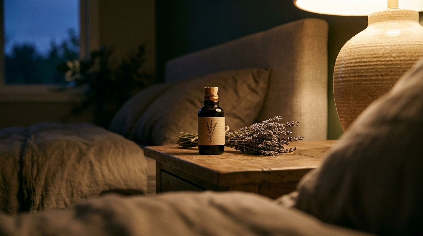 A serene evening setting with a cannabis tincture bottle, representing the calming effects of CBN.