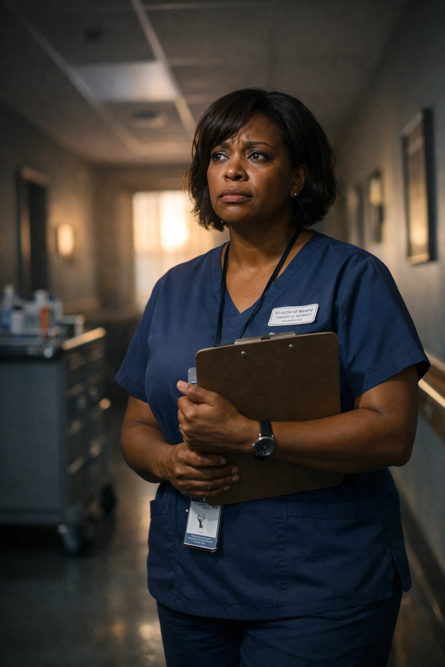 New Director of Nursing on first day in nursing home hallway during transition period