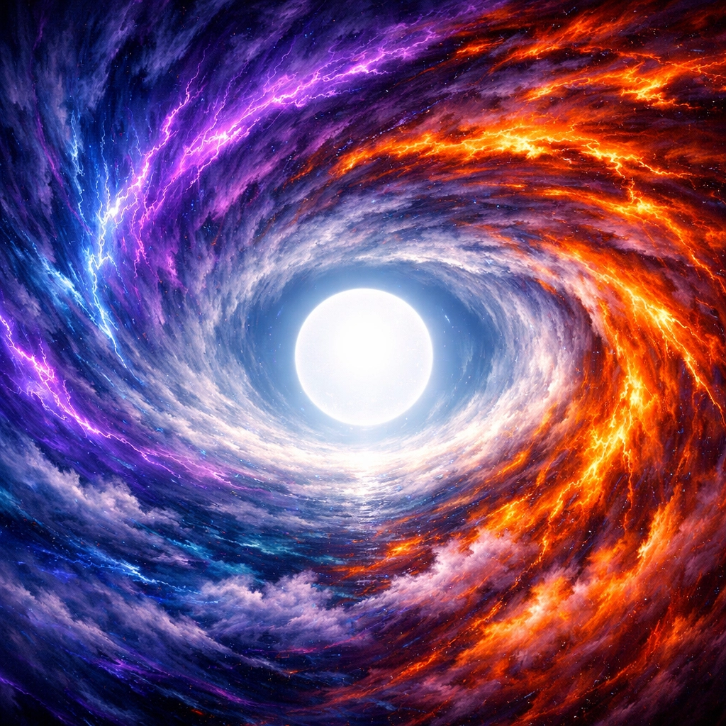 A peaceful glowing center within a colorful storm representing the calm nervous system of high performing leaders.