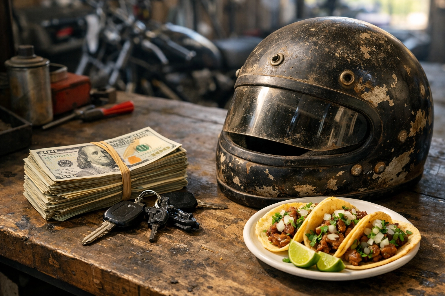 Stack of cash, motorcycle keys, and a worn helmet on a workbench with tacos nearby. A stack of cash, motorcycle keys, and a helmet on a workshop bench with Taco Tuesday details