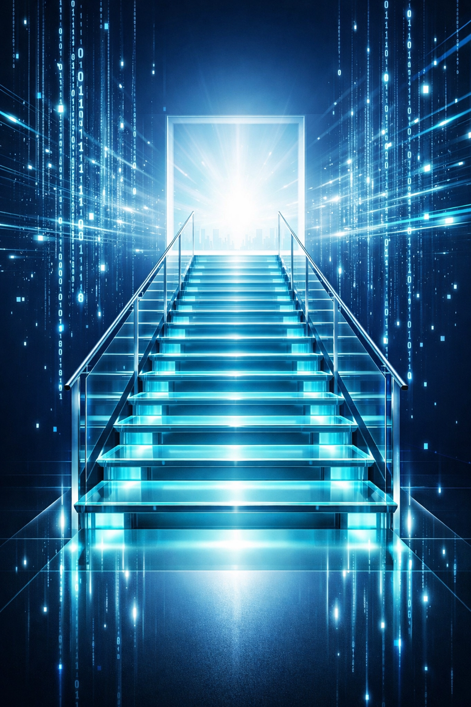 Gläserne Treppe als Symbol für den Karriere-Aufstieg durch neue KI-Skills in der digitalen Arbeitswelt 2030.
