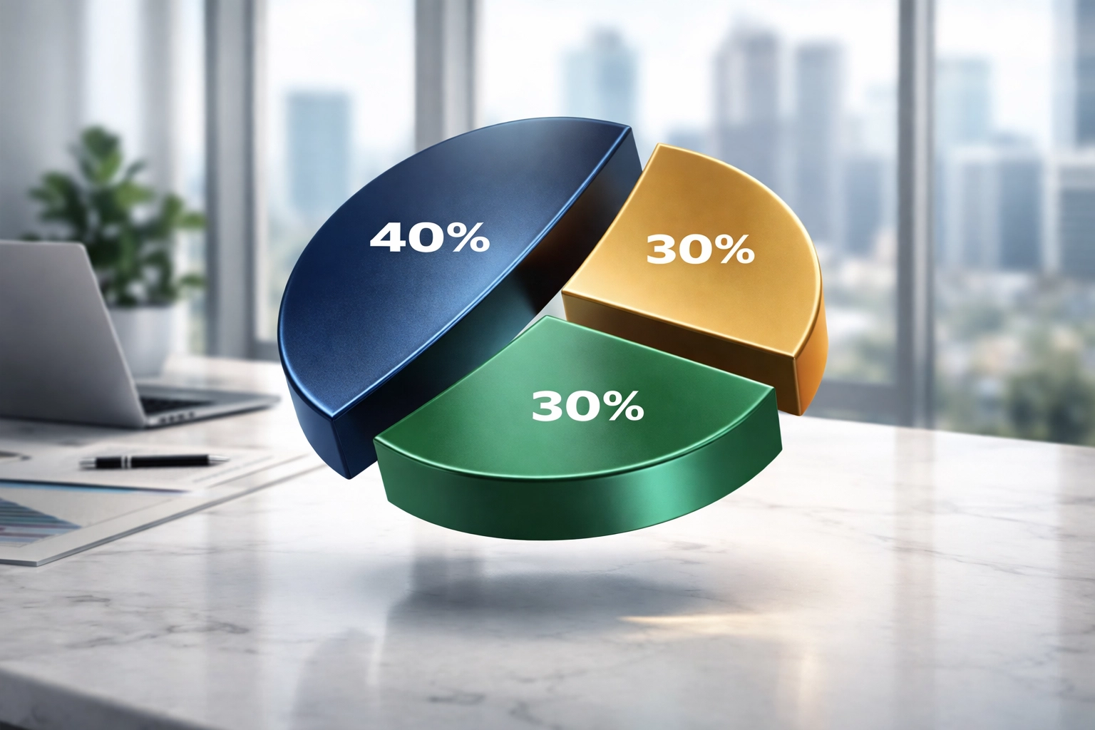 Visual of 40/30/30 portfolio allocation with equities, bonds, and alternatives segmented for diversification