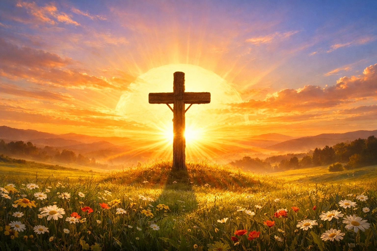 A wooden cross at sunrise in a meadow, illustrating the salvation of man and the dawn of new life through Christ.
