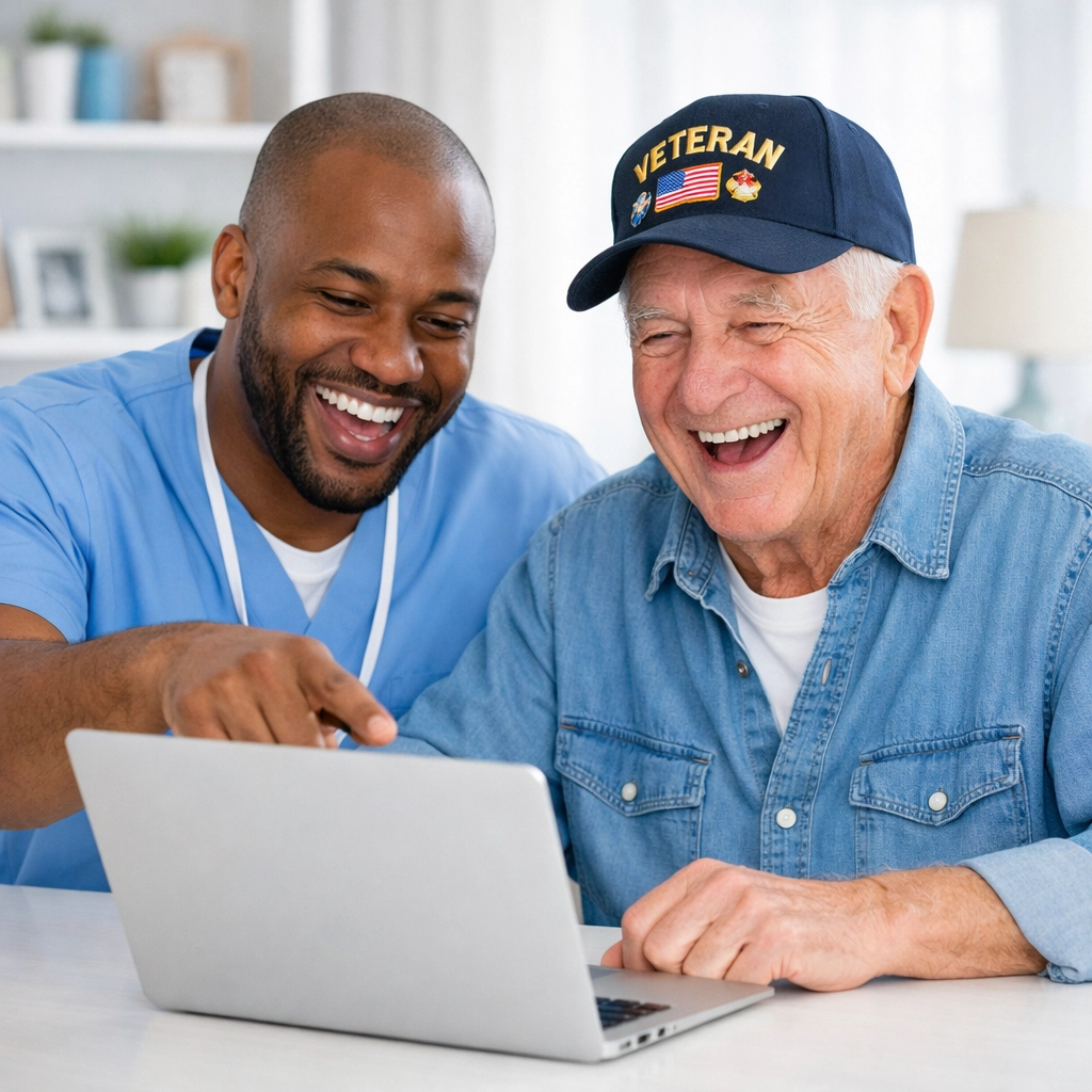 Caregiver helping a senior veteran use a laptop to support independent living in Fauquier County.