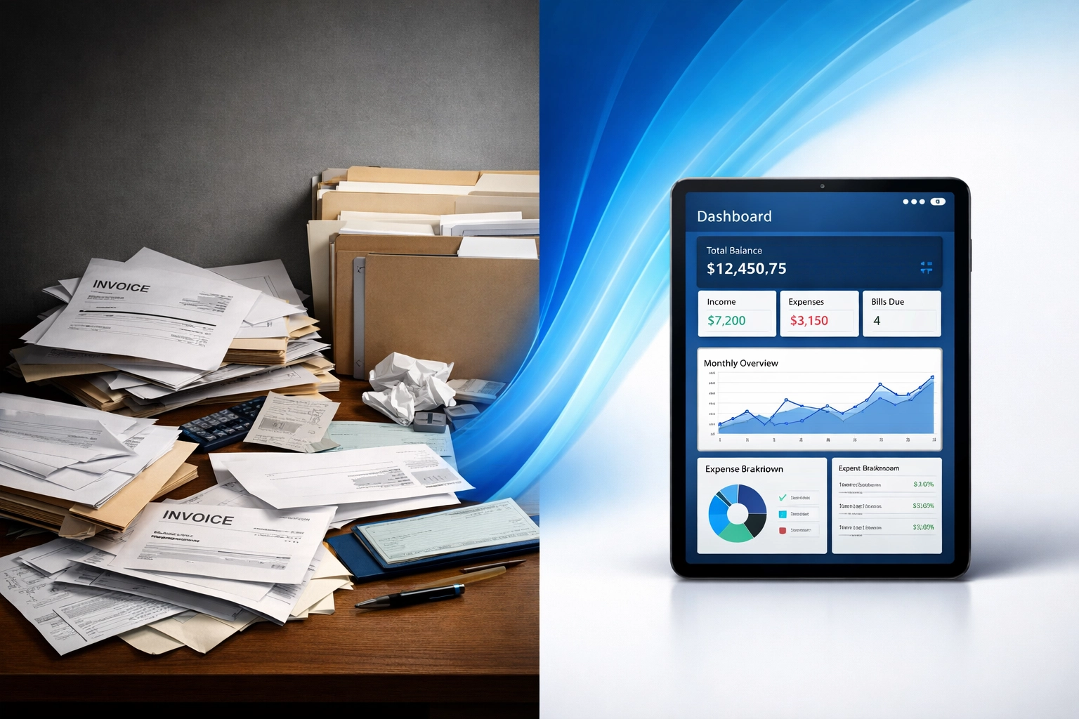 Paper invoices and manual billing contrasted with modern yacht club management software dashboard