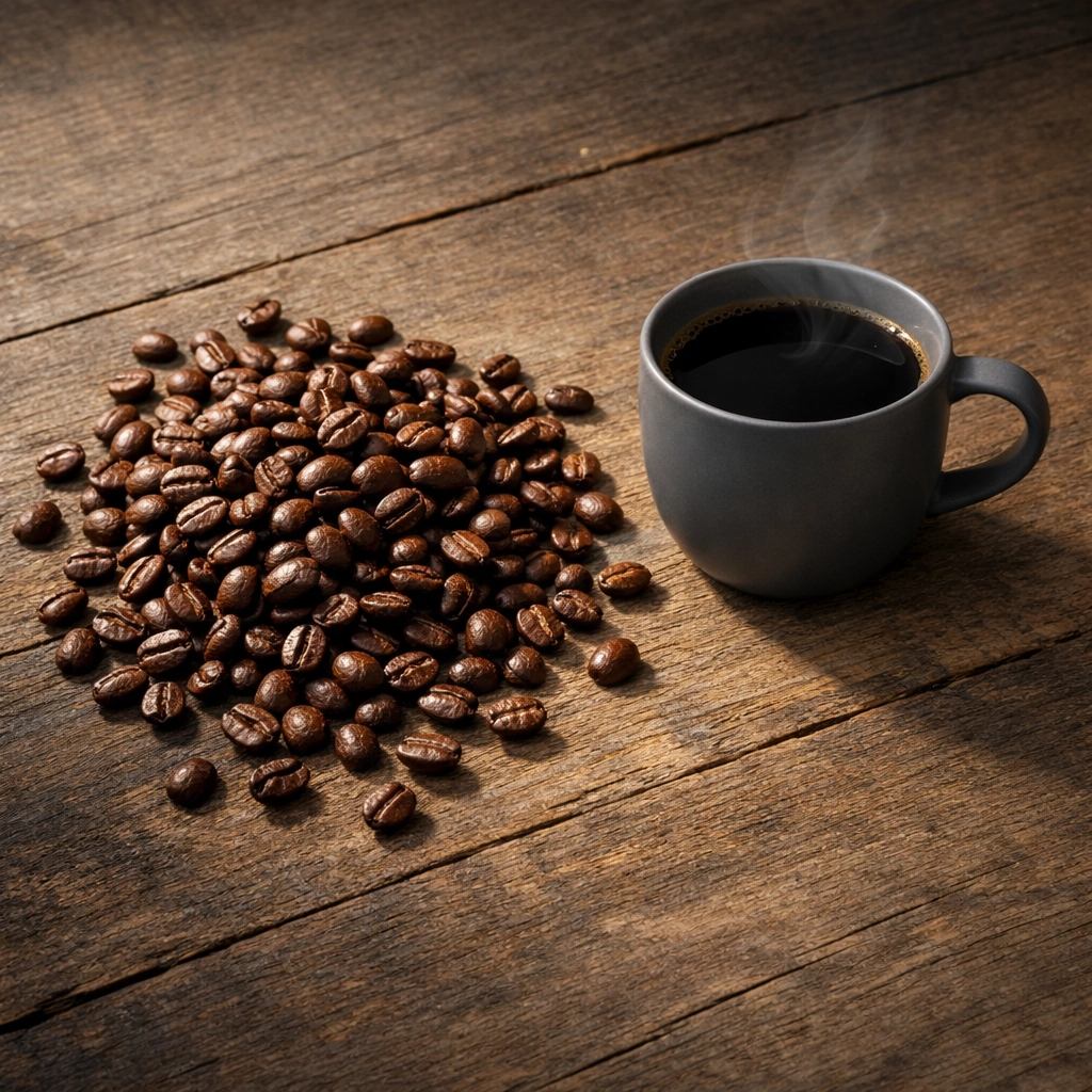 A cup of black coffee next to roasted Arabica beans on a rustic wooden table.