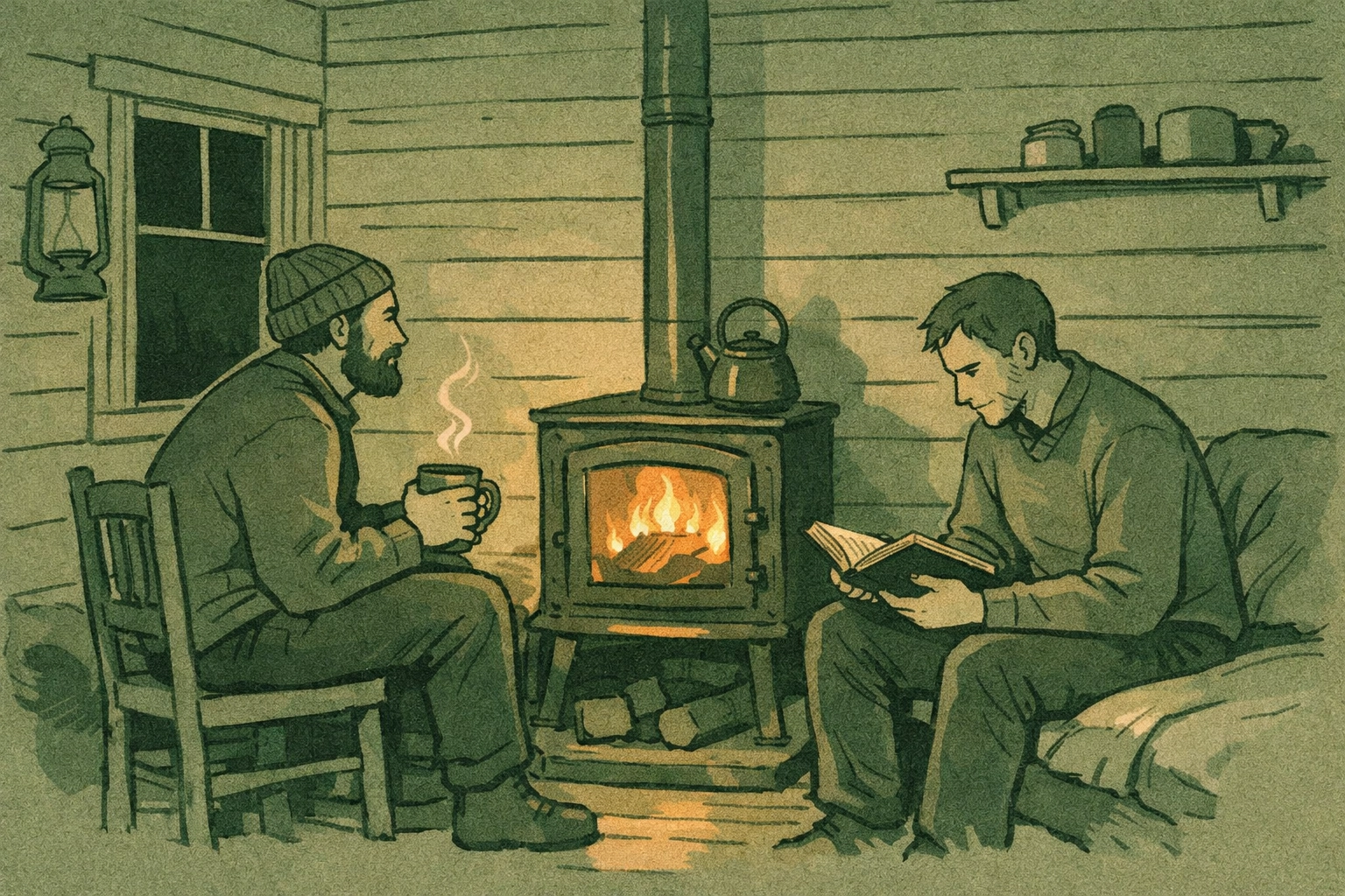 Gay couple sharing warmth by fireplace in remote Iceland cabin - MM romance scene