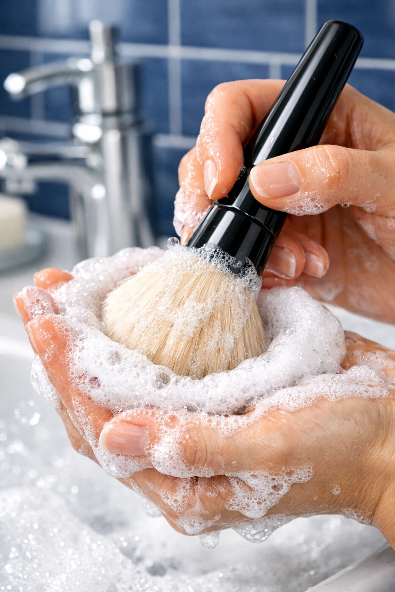 Deep cleaning a fluffy makeup brush with soap and water to ensure skin hygiene and tool longevity.