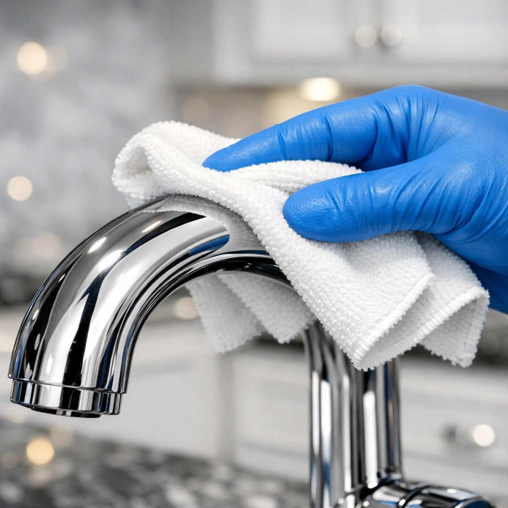 Close-up of professional house cleaning Paxton MA detail work on a stainless steel kitchen faucet.