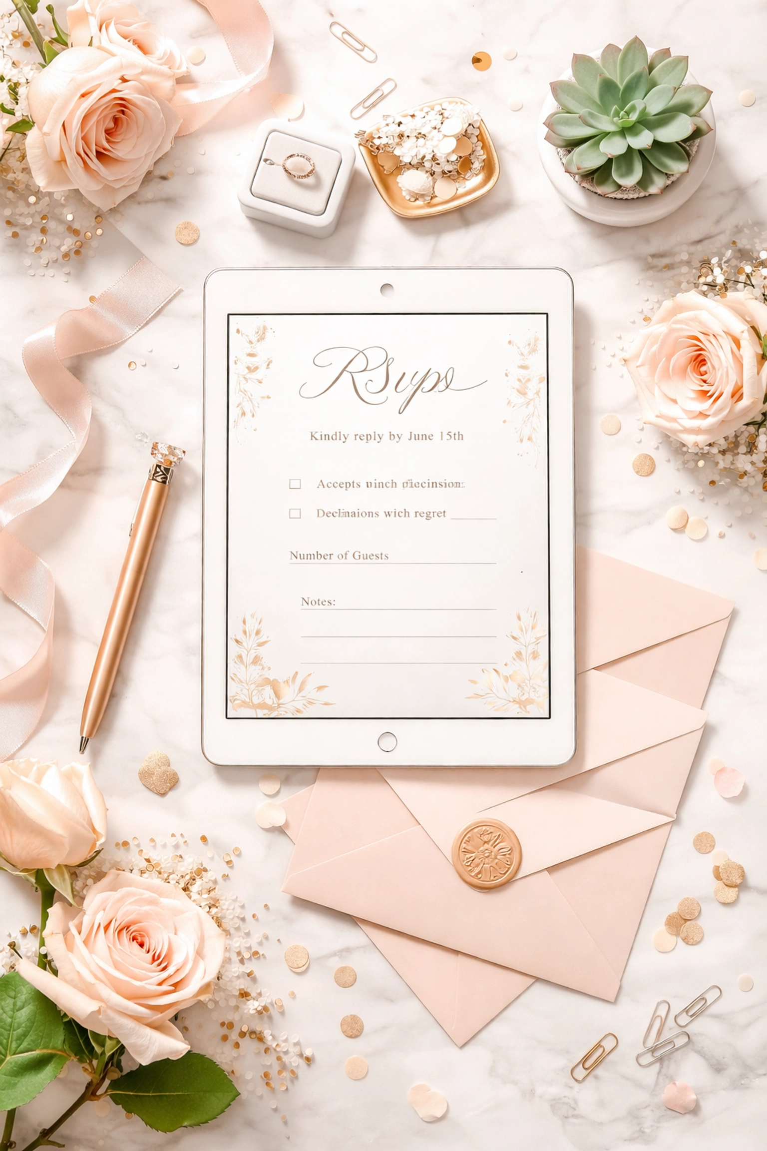 Overhead view of a wedding planning flatlay with a tablet displaying an RSVP form, highlighting modern ways to fund weddings online.