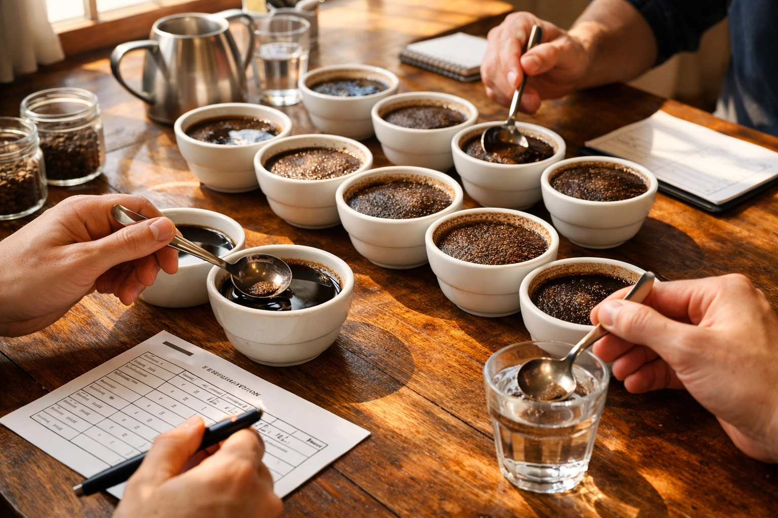 Professional coffee cupping session for quality testing and origin evaluation