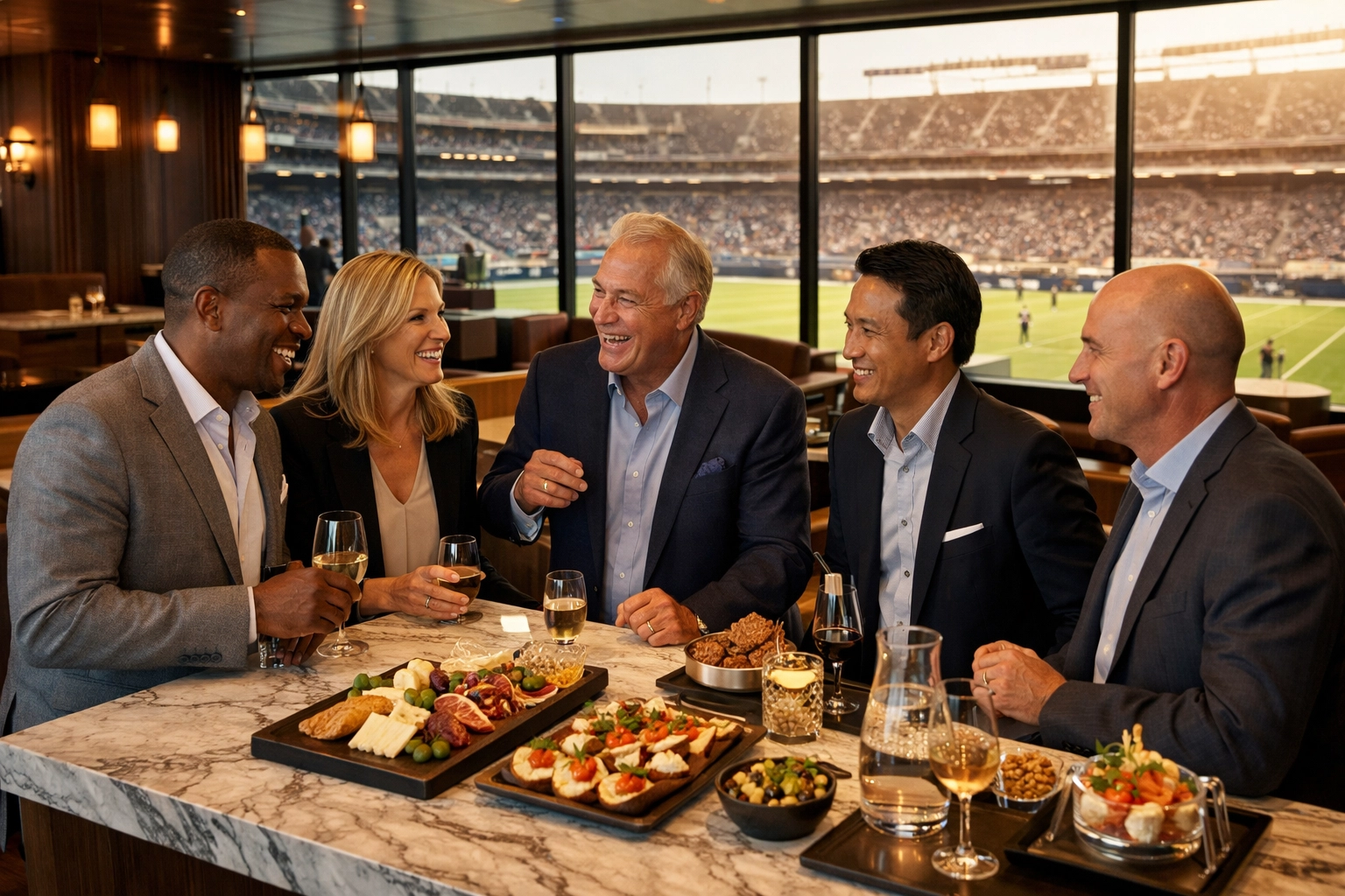 Corporate executives networking in a luxury Super Bowl VIP hospitality lounge overlooking the stadium field.