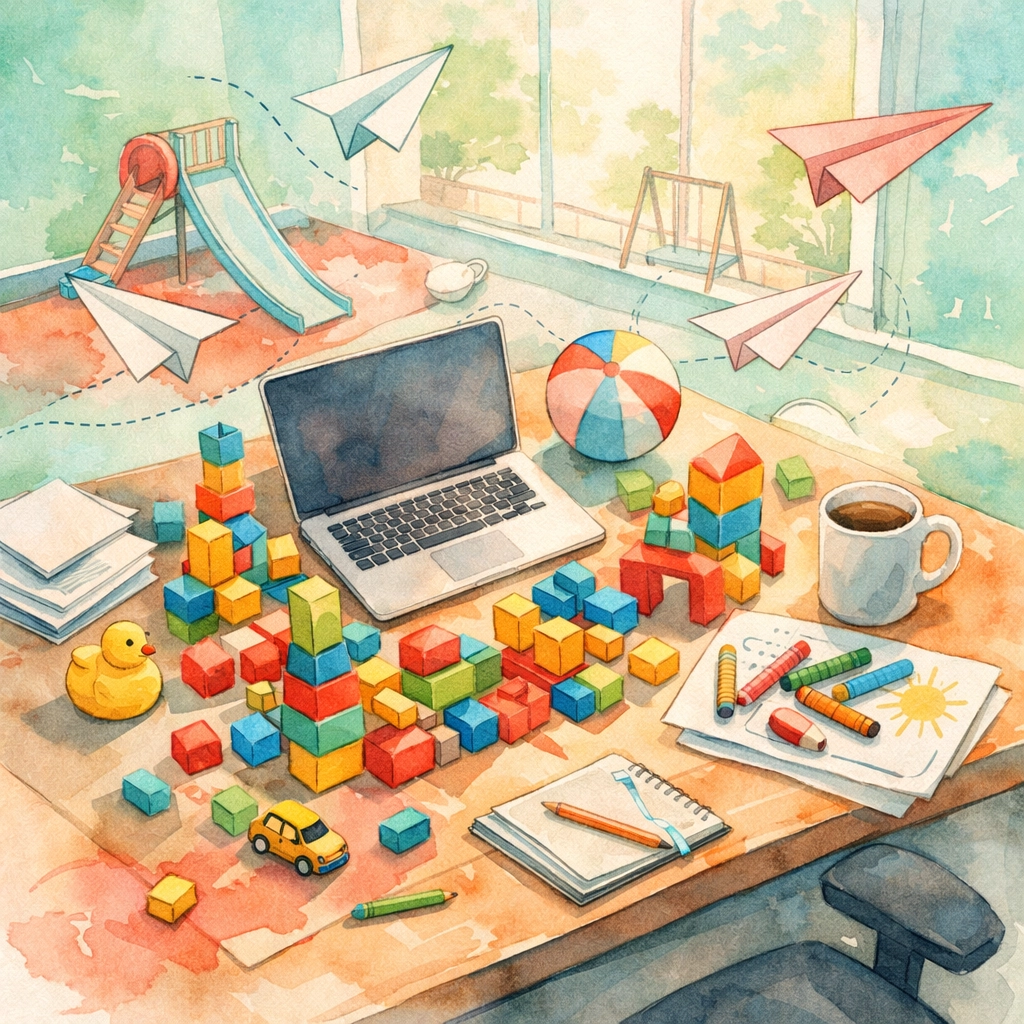 Office desk transformed with toys and crayons, play versus productivity culture