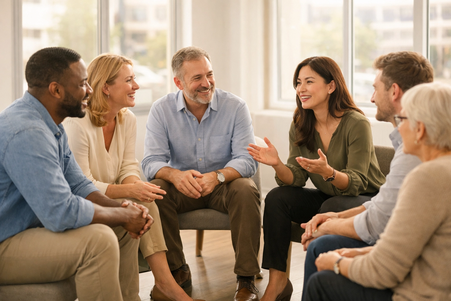 Diverse team in circular meeting demonstrating psychological safety and open workplace communication