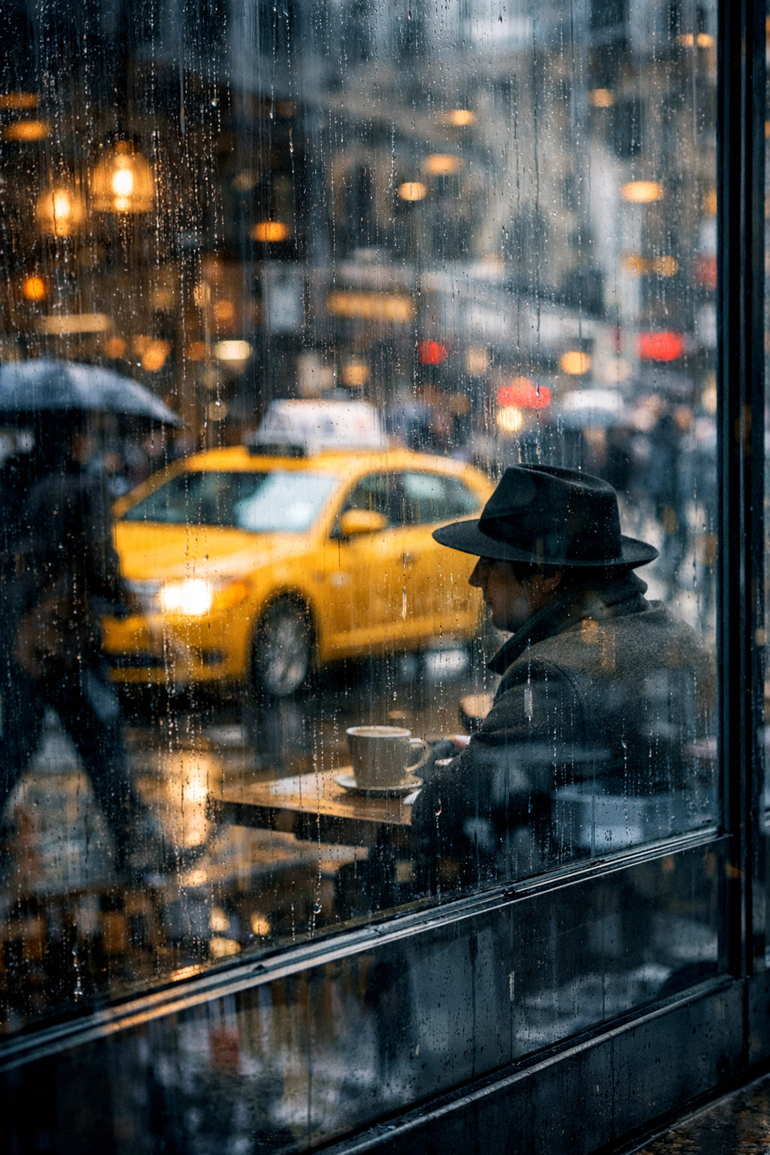 Creative street photography reflection of a city street and yellow taxi in a glass storefront.
