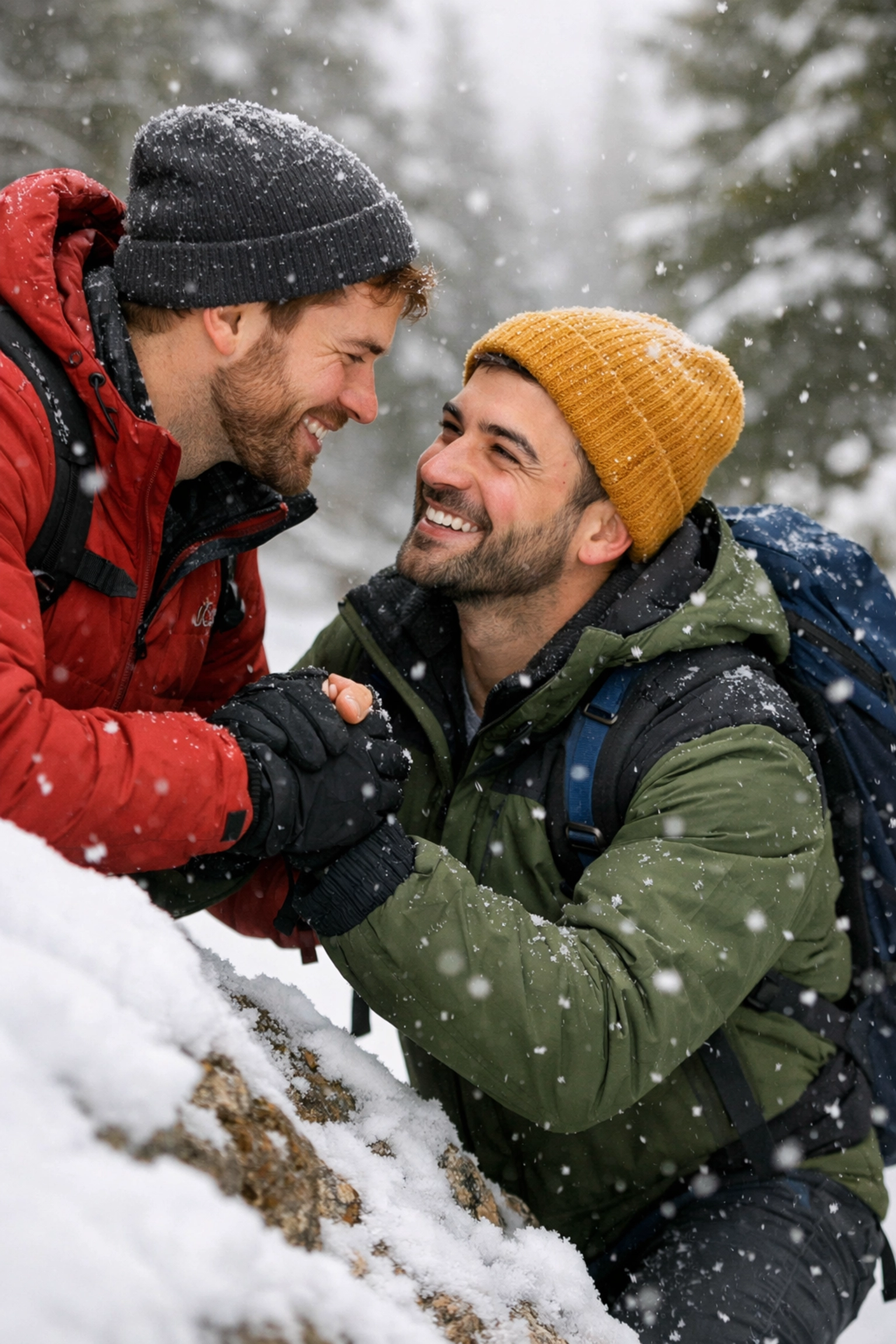 A gay couple sharing a tender moment on a snowy trail during a romantic winter snowshoe date.