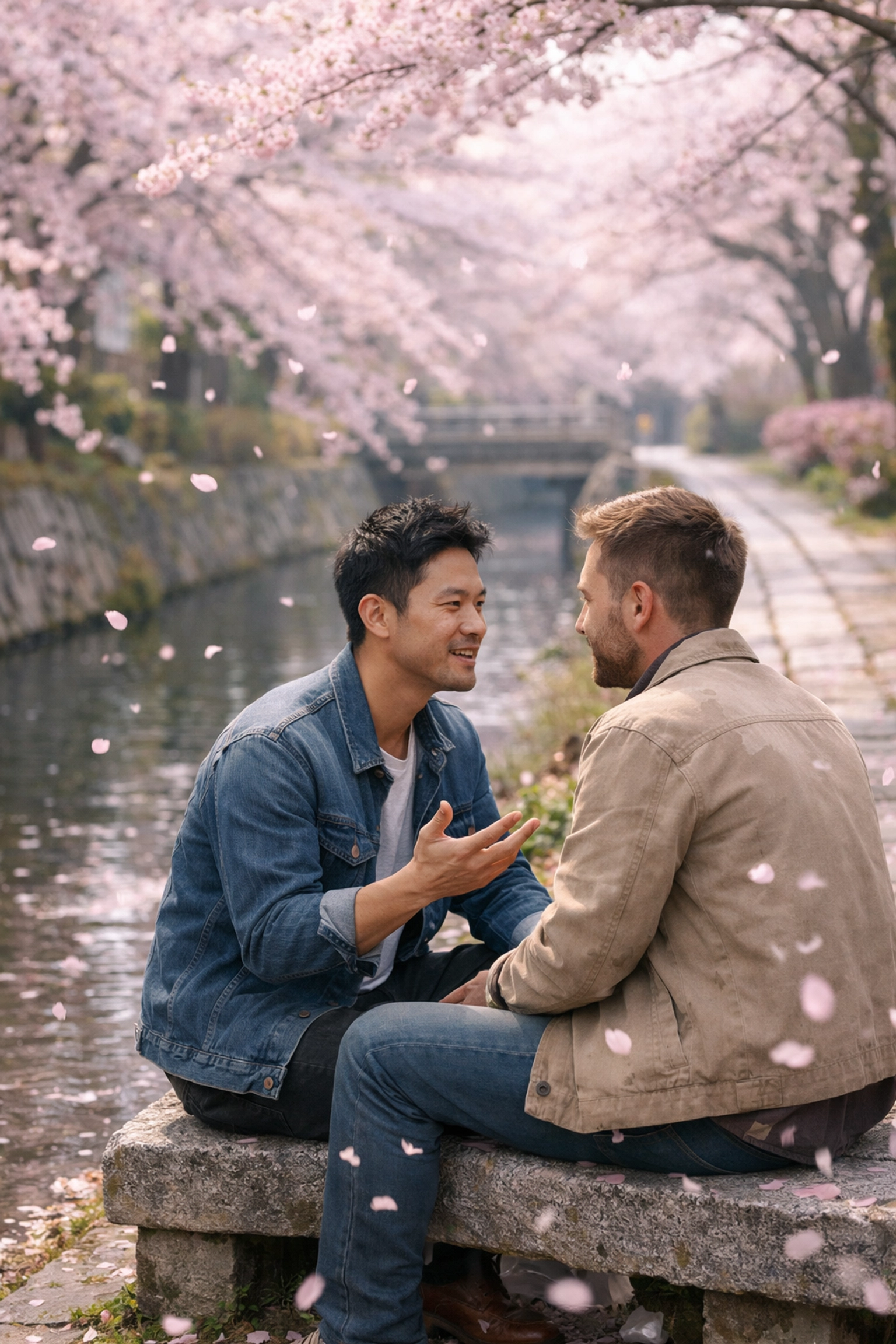 Gay couple sharing intimate moment on Philosopher's Path during cherry blossom season in Kyoto