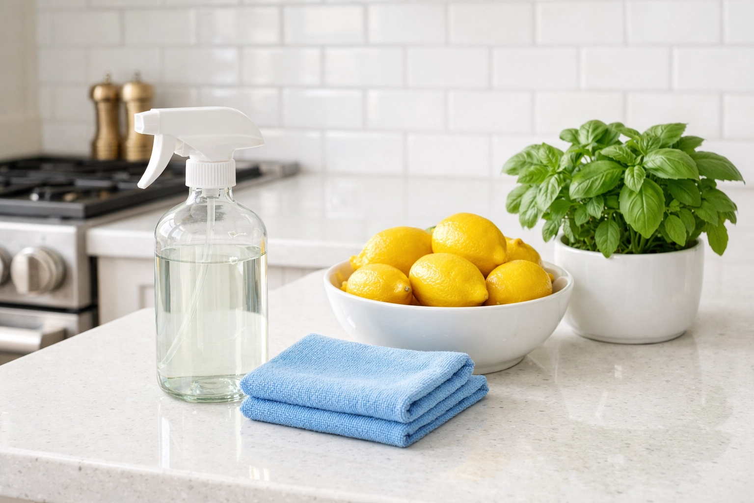 Eco-friendly cleaning products and microfiber cloth on a spotless quartz kitchen countertop in Plainville.