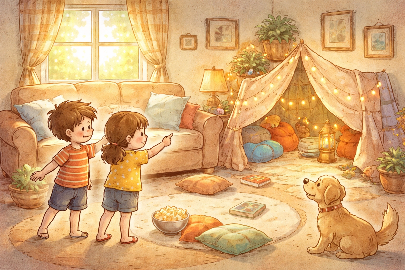 Children plan indoor camping in a cozy living room, setting up a campsite with pillows and blankets