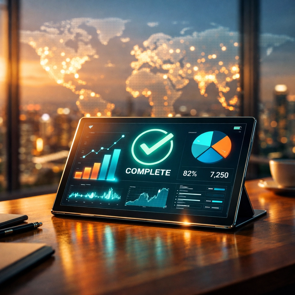 Merchant dashboard on a tablet displaying successful borderless Web3 payment processing for global commerce.