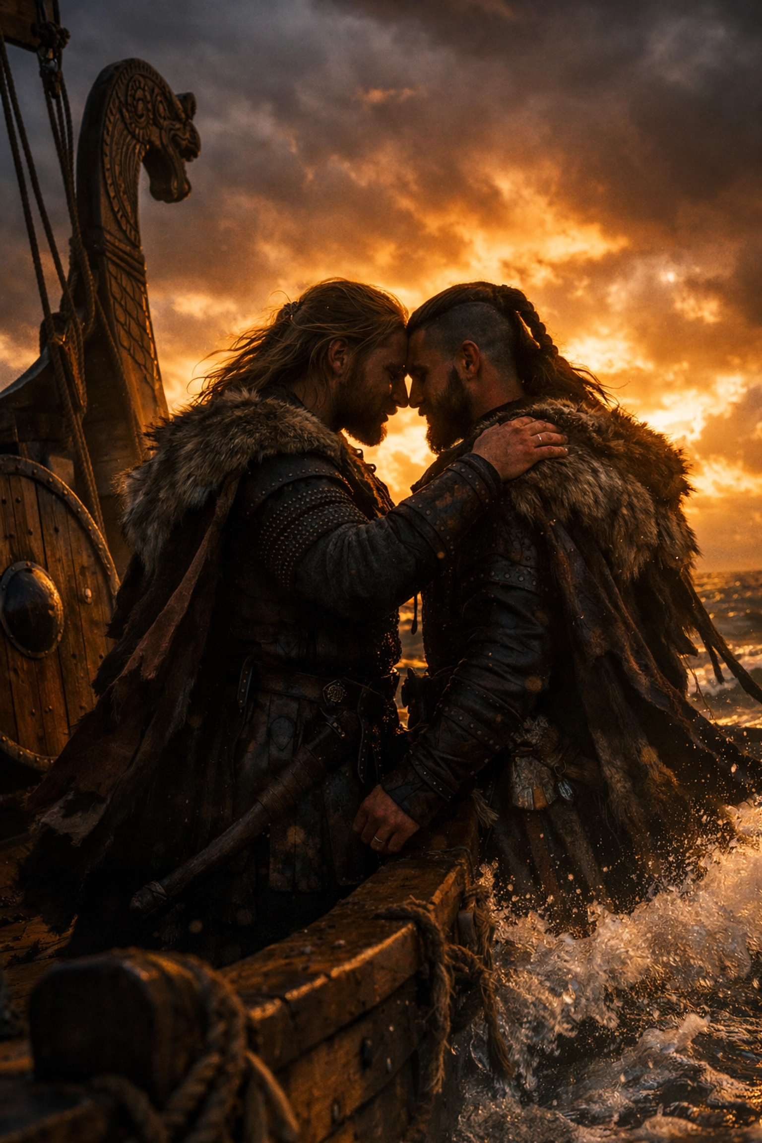 Two Viking warriors share intimate moment on longship deck - gay historical romance representation