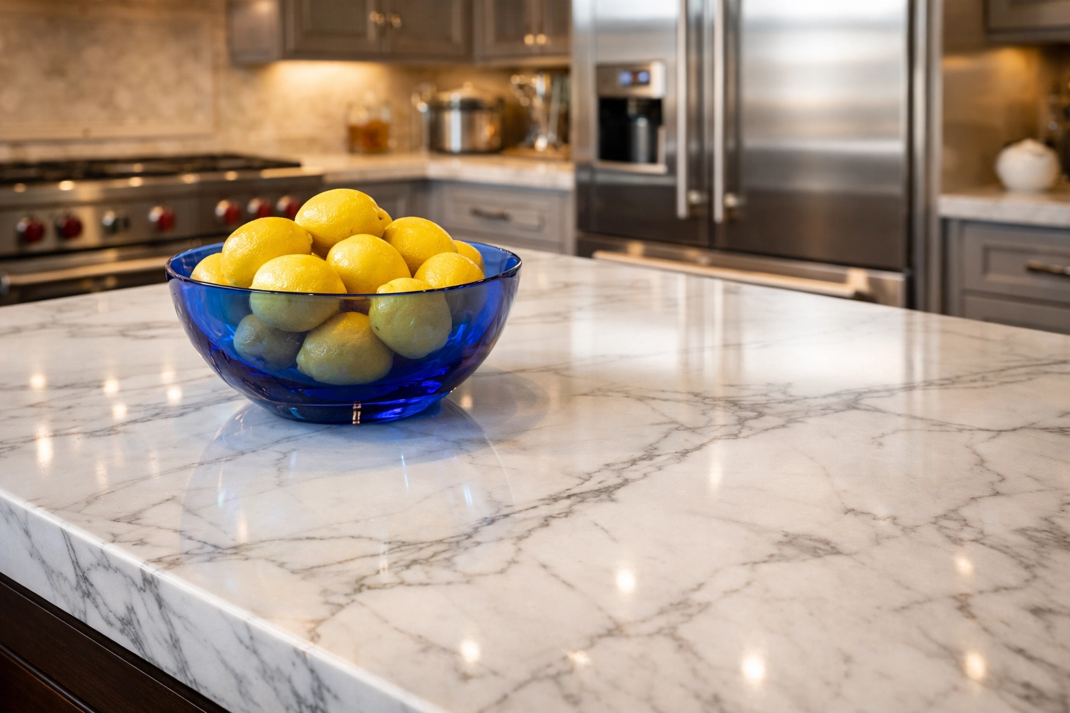 Sparkling clean Lincoln kitchen with white marble countertops and polished stainless steel appliances.