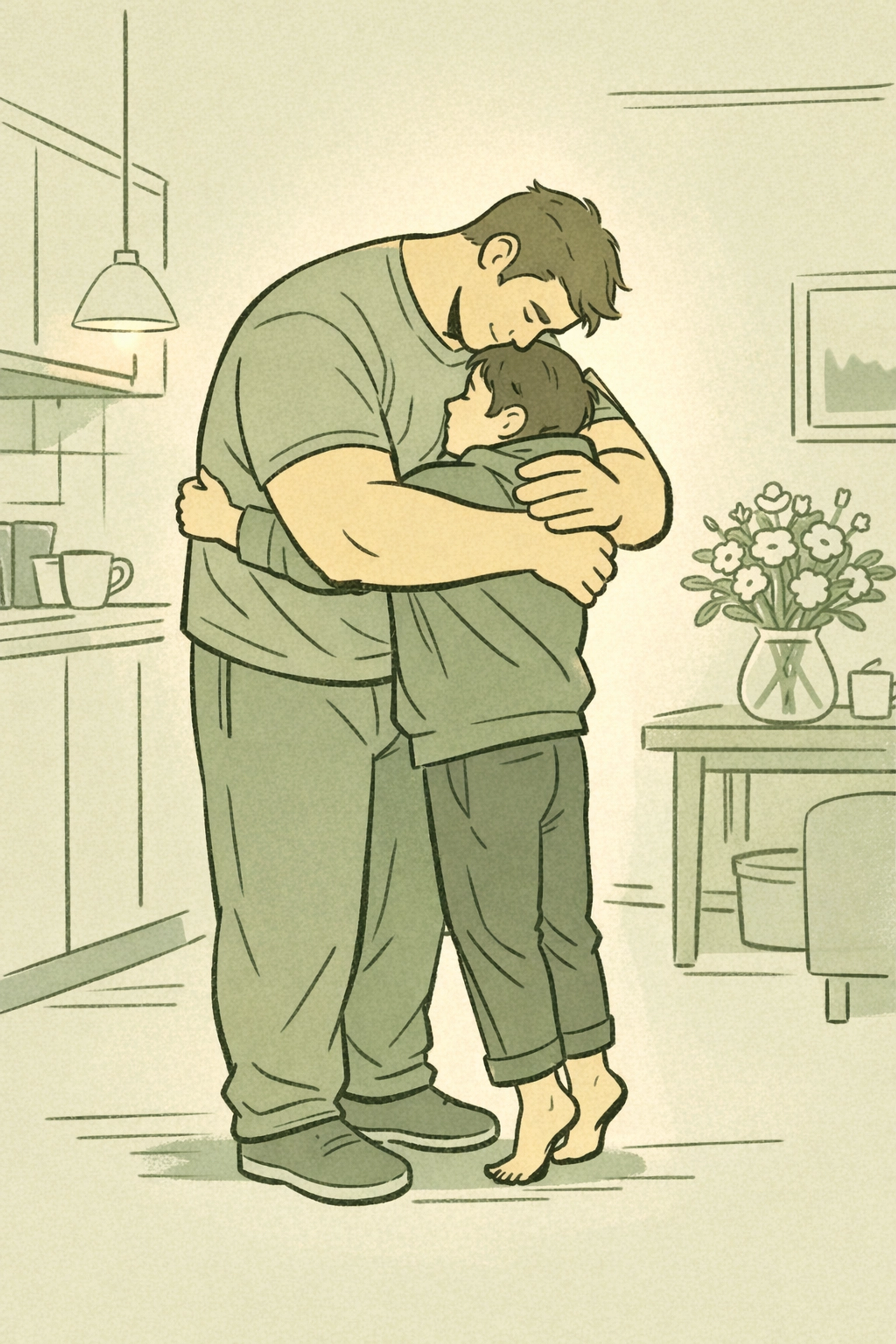Tall man embracing shorter partner on tiptoes in cozy apartment MM romance domestic scene