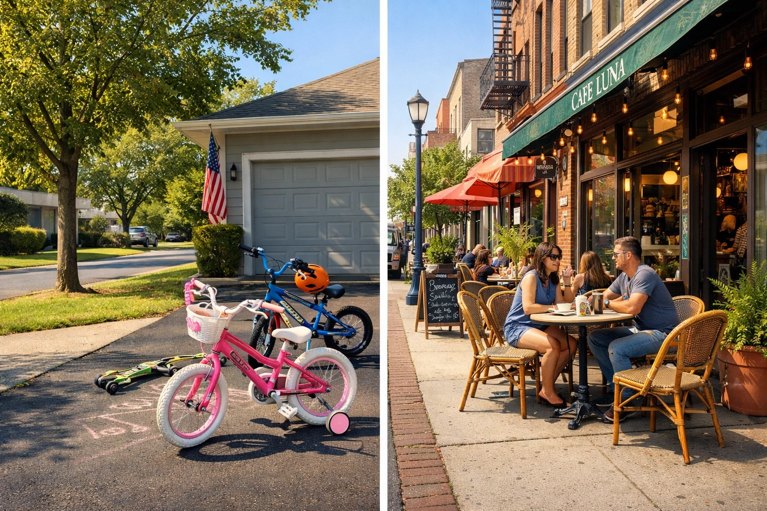 Comparison of suburban and urban neighborhoods to illustrate buyer lifestyle choices in local SEO guides.