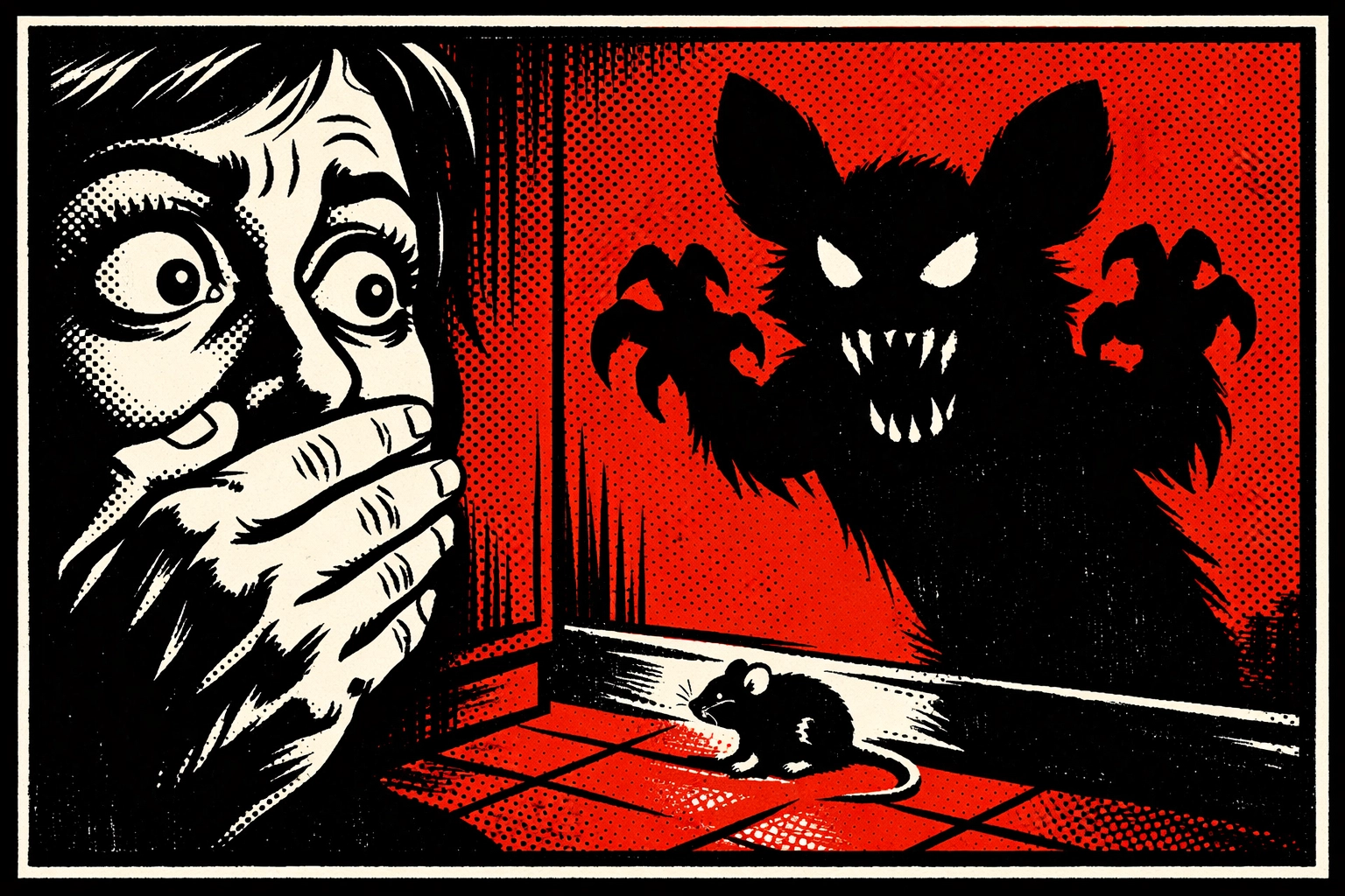 Retro comic illustration of a mouse infestation requiring professional rodent control services.