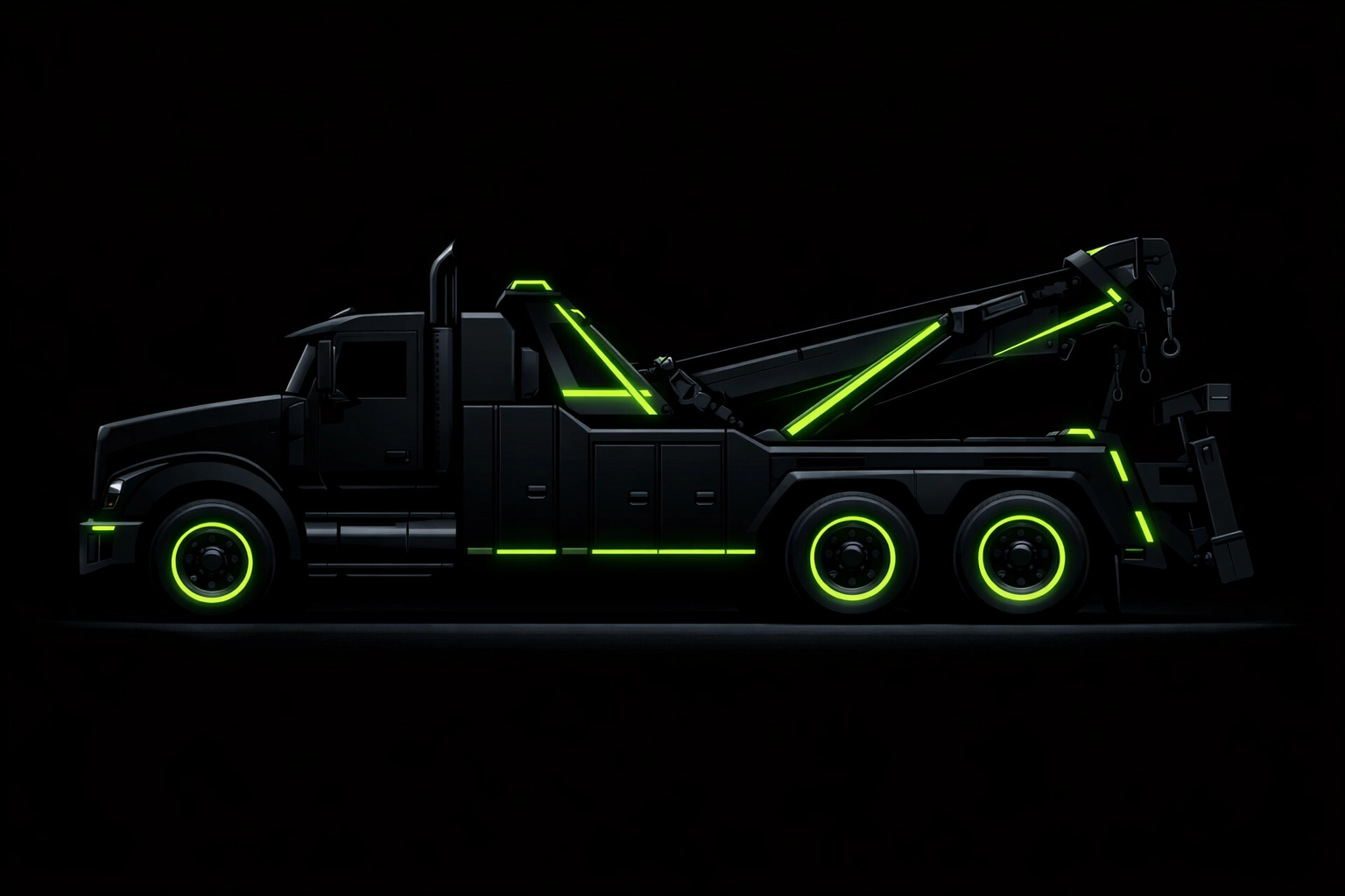 Professional tow truck silhouette with neon green accents for cheap towing services in Houston.