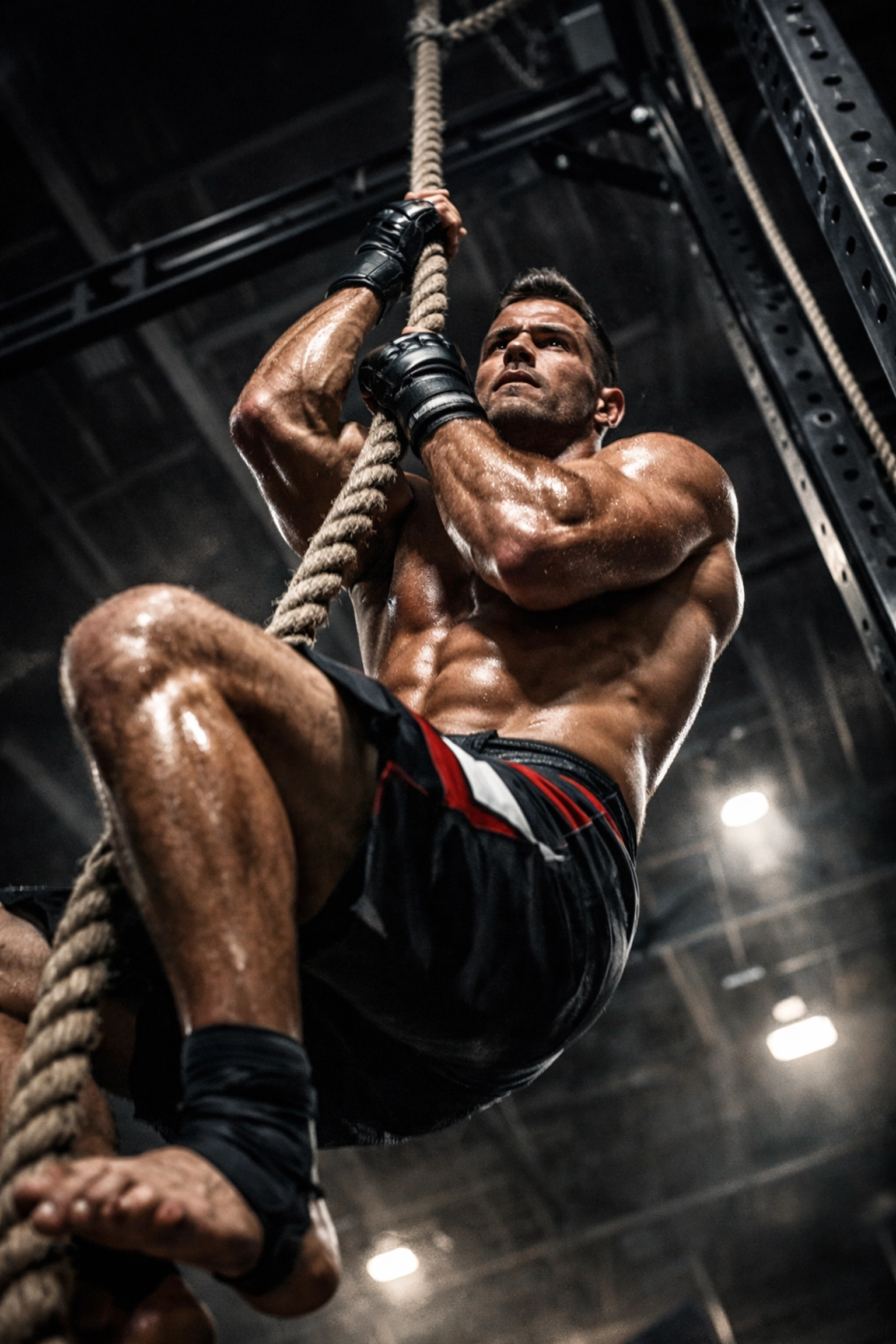 MMA fighter building grip strength with rope climb on no wall damage workout system