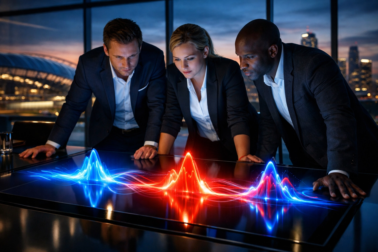 Marketing strategists analyzing campaign data waves for a Super Bowl 2026 branding strategy.