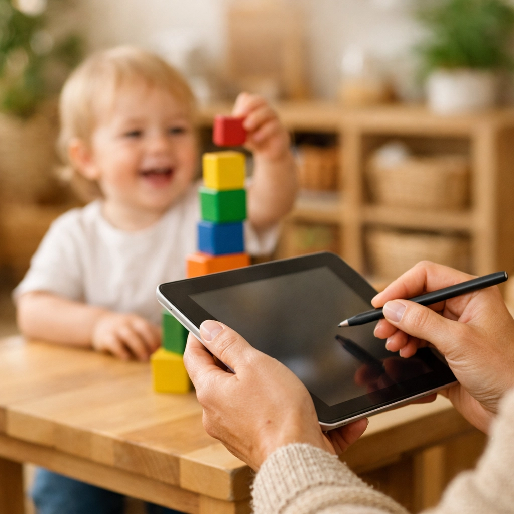 An educator uses a tablet for safe digital documentation while a child plays at a modern childcare centre.