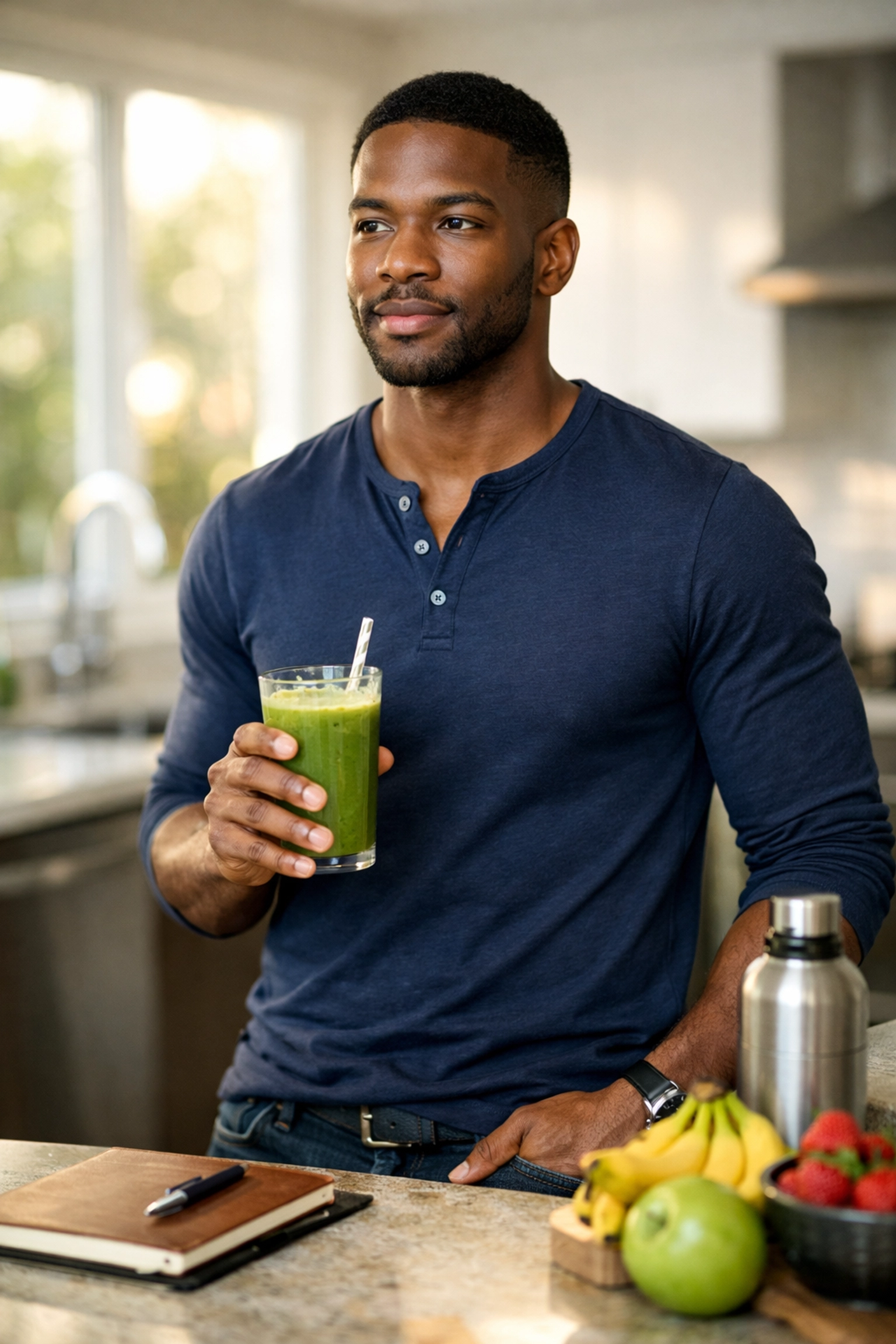 Man following structured morning routine with healthy smoothie in sunlit kitchen