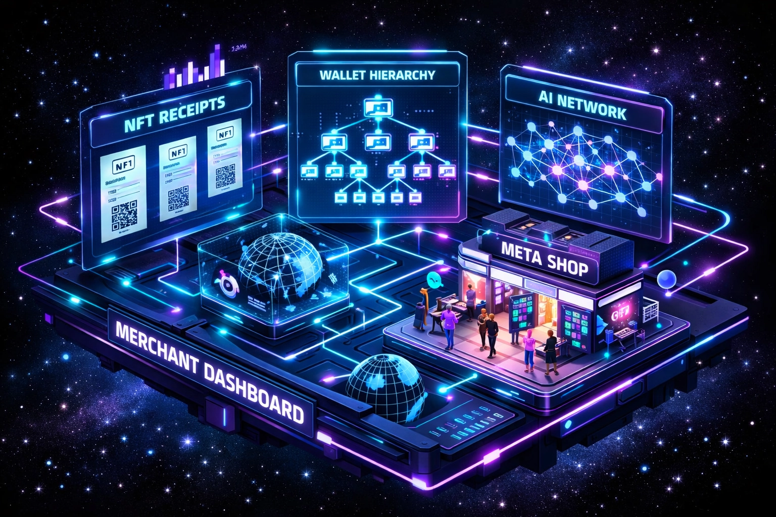 Larecoin merchant dashboard with NFT receipts, master wallets, AI shopping tools, and metaverse features