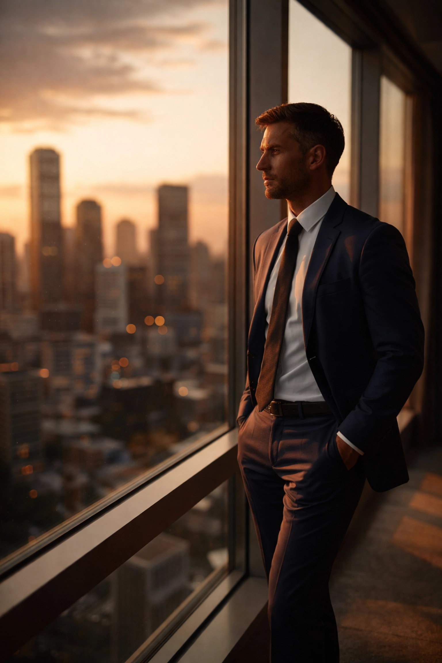 Professional man in office overlooking city skyline, representing performance coaching after divorce