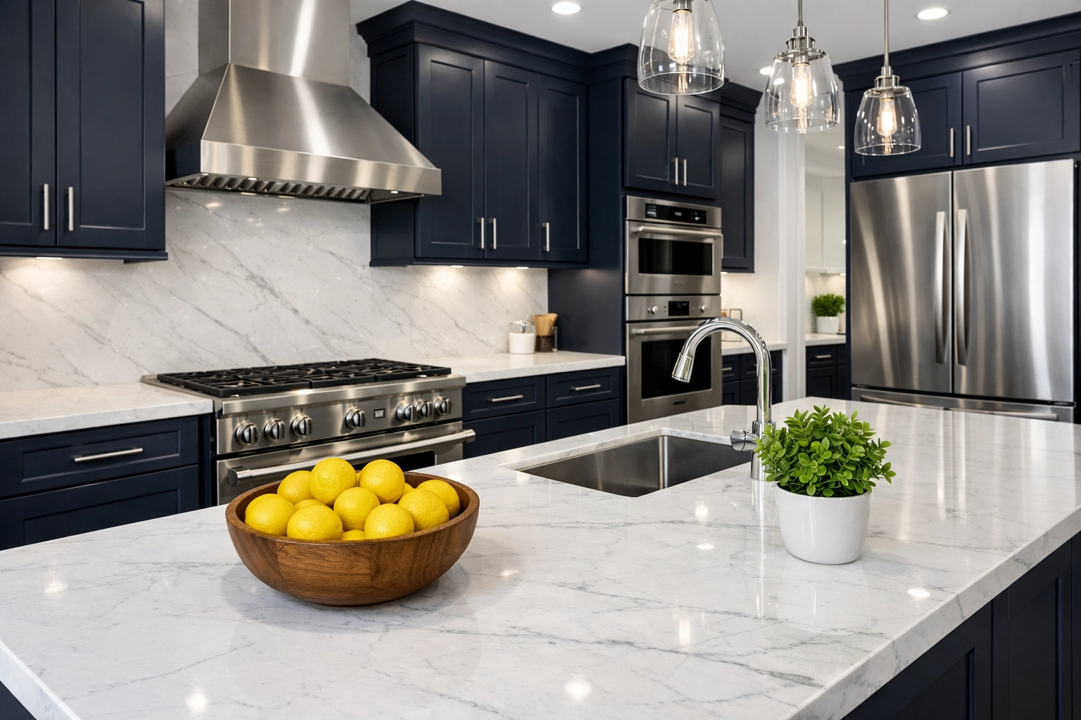 Sparkling clean luxury kitchen with white marble countertops, showcasing expert house cleaning Worcester MA services.
