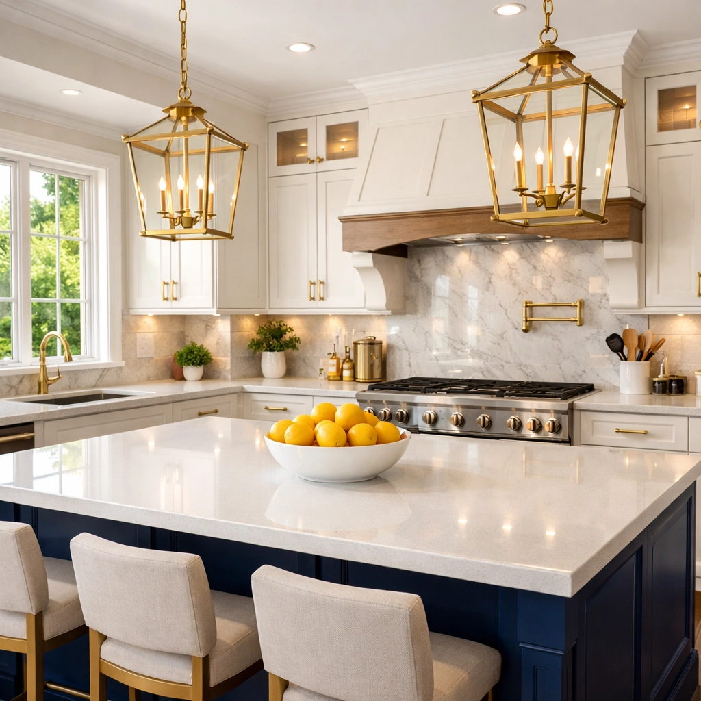 Clean and bright gourmet kitchen with streak-free countertops after a regular maintenance cleaning service.