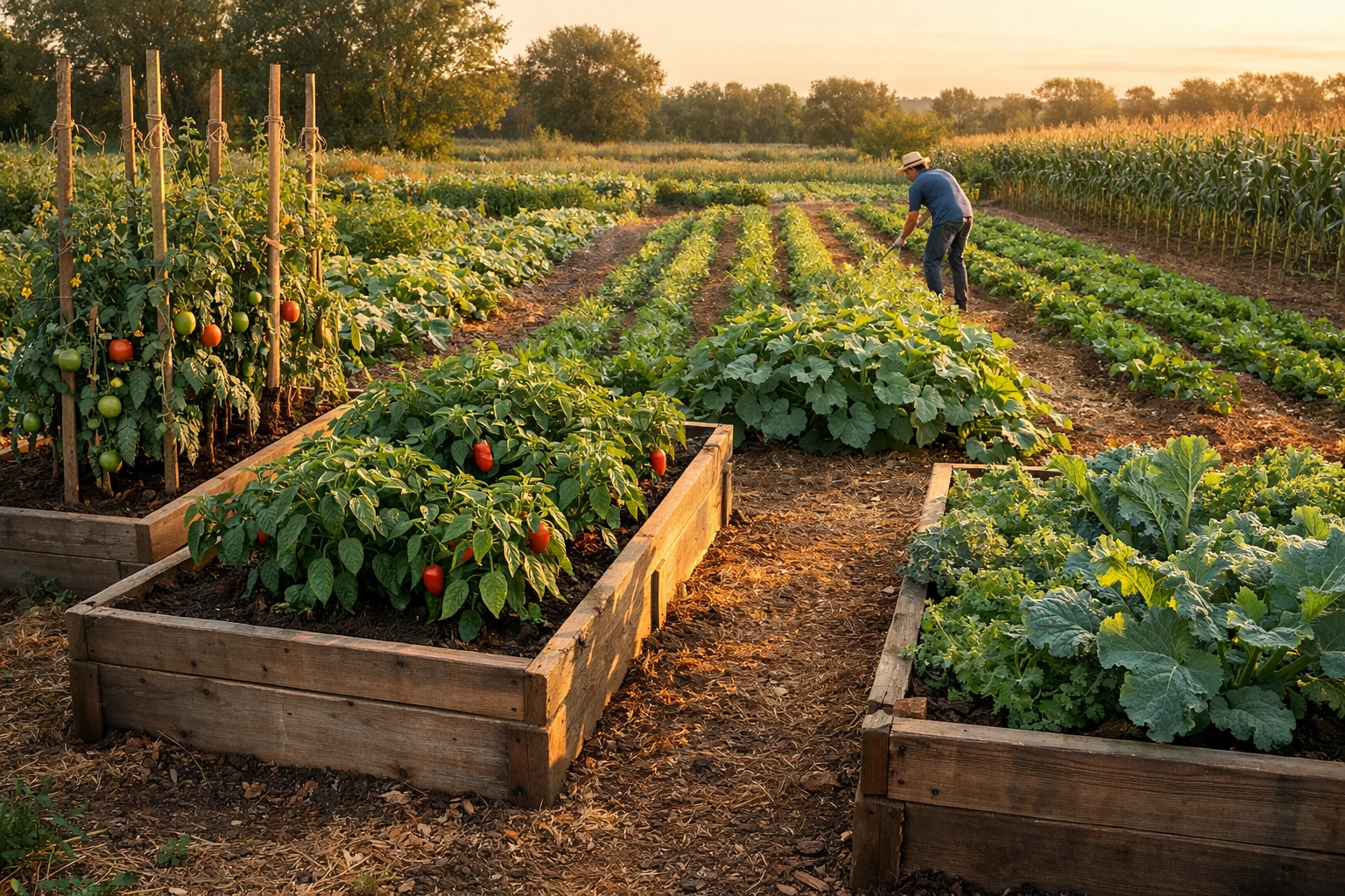 Combination garden featuring raised beds and in-ground rows with peppers, tomatoes, and cucumbers